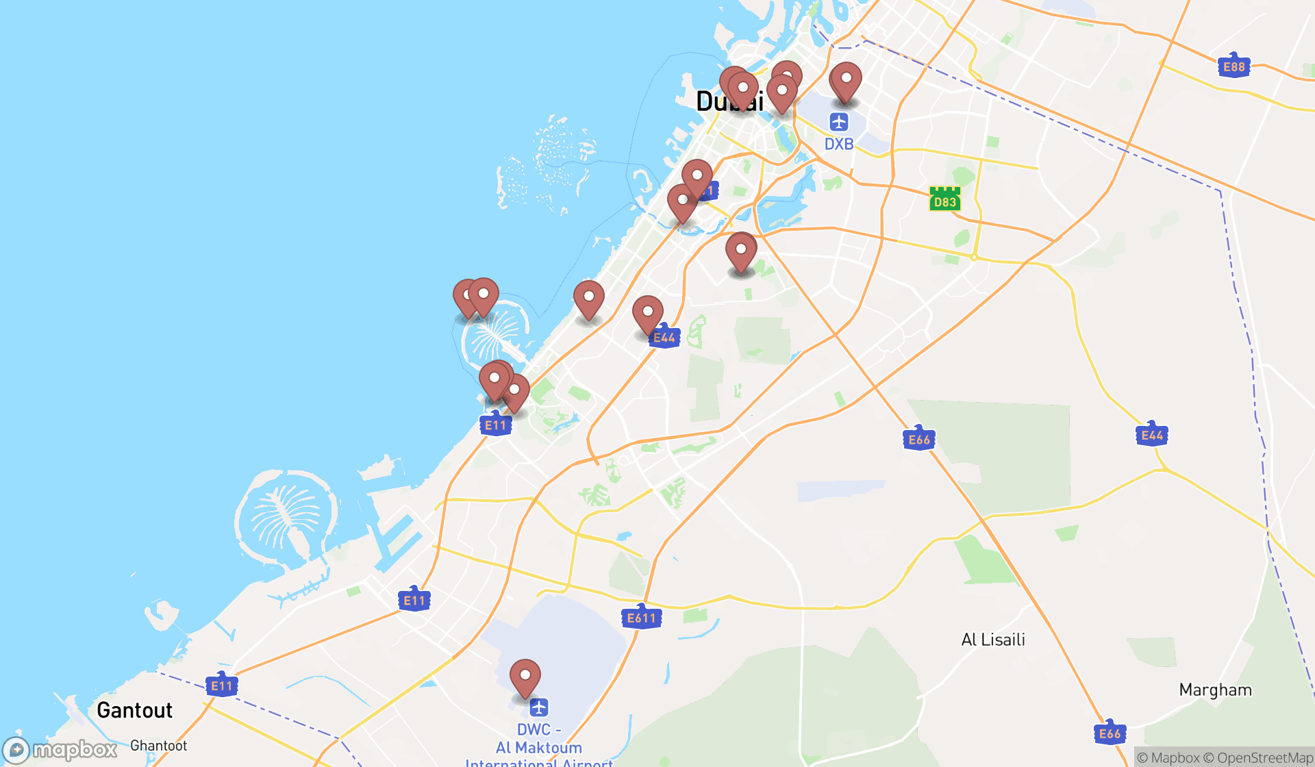 Map showing the search results in Dubai