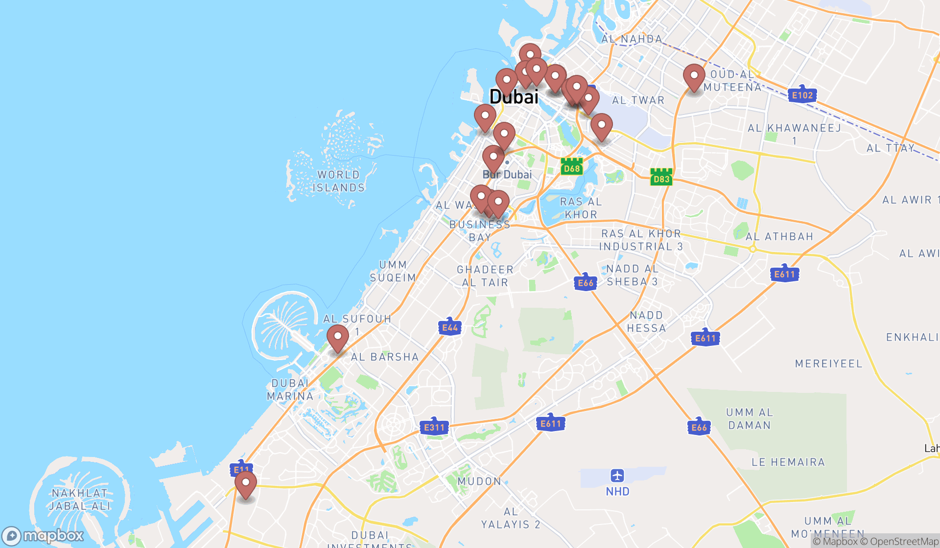Map showing the search results in Dubai