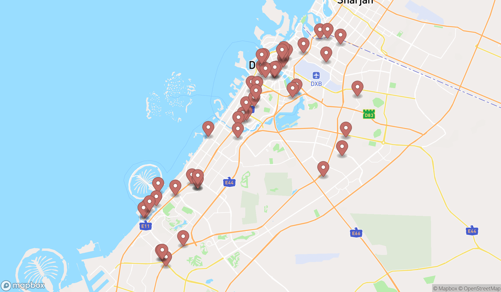 Map showing the search results in Dubai