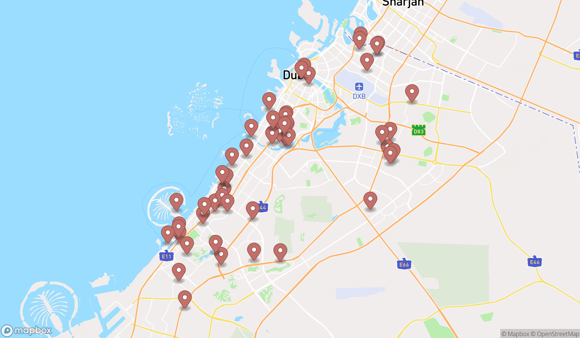 Map showing the search results in Dubai