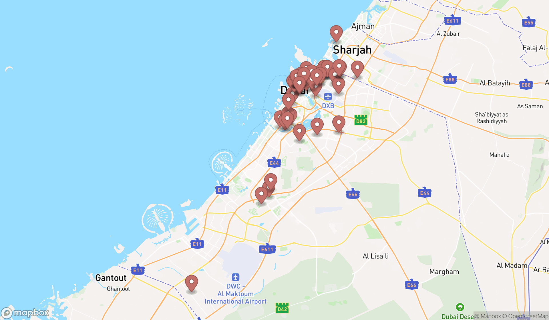 Map showing the search results in Dubai