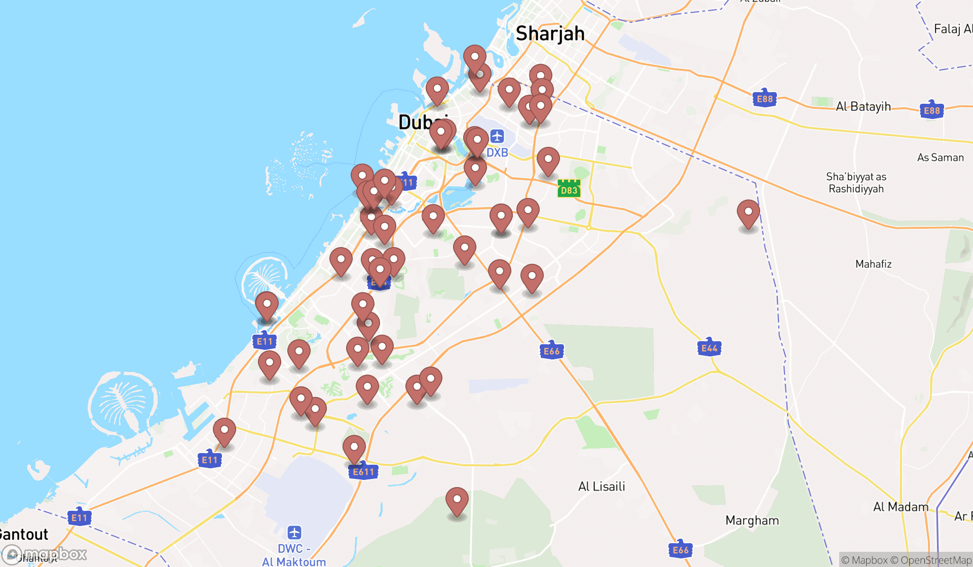 Map showing the search results in Dubai