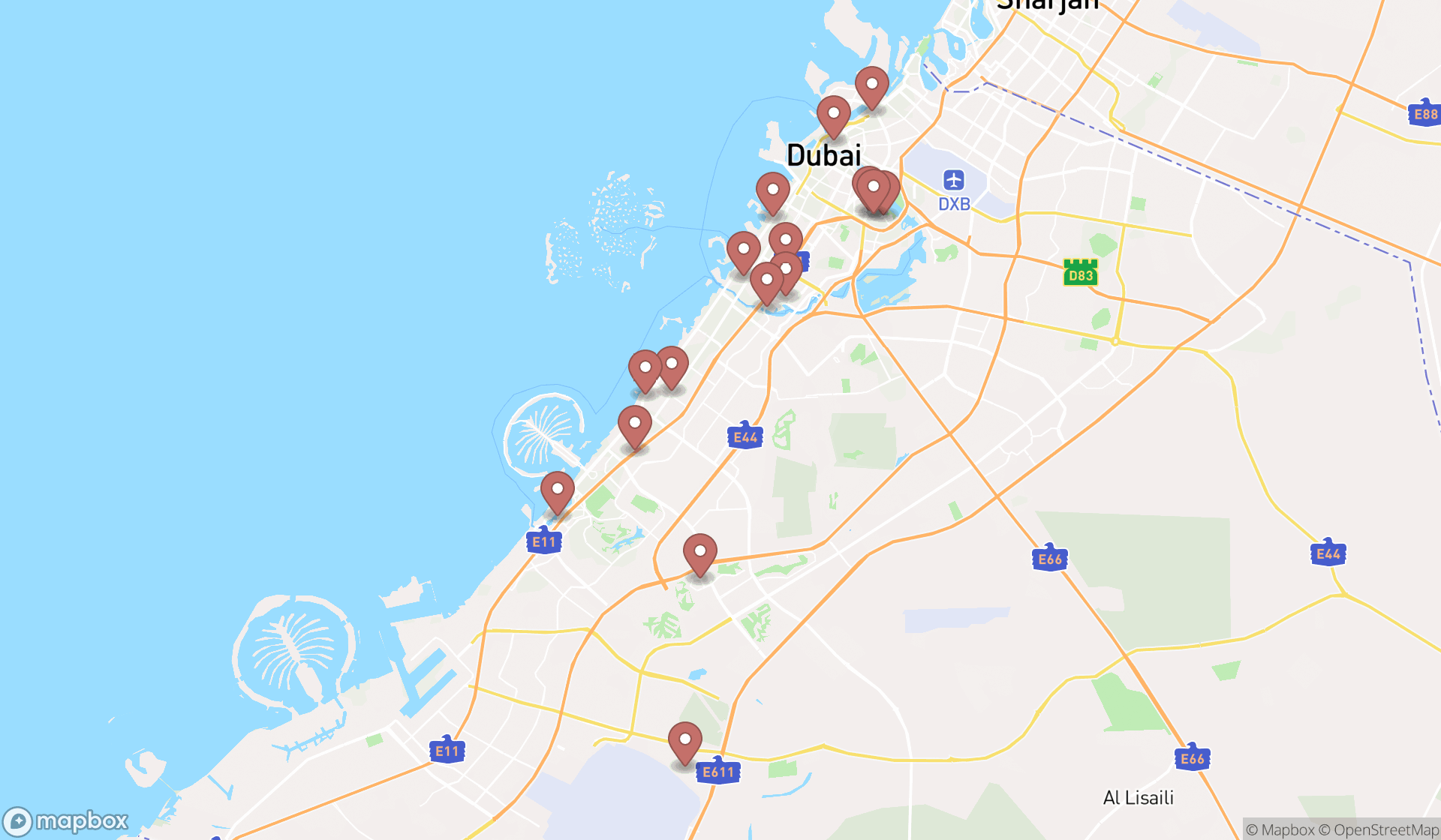 Map showing the search results in Dubai