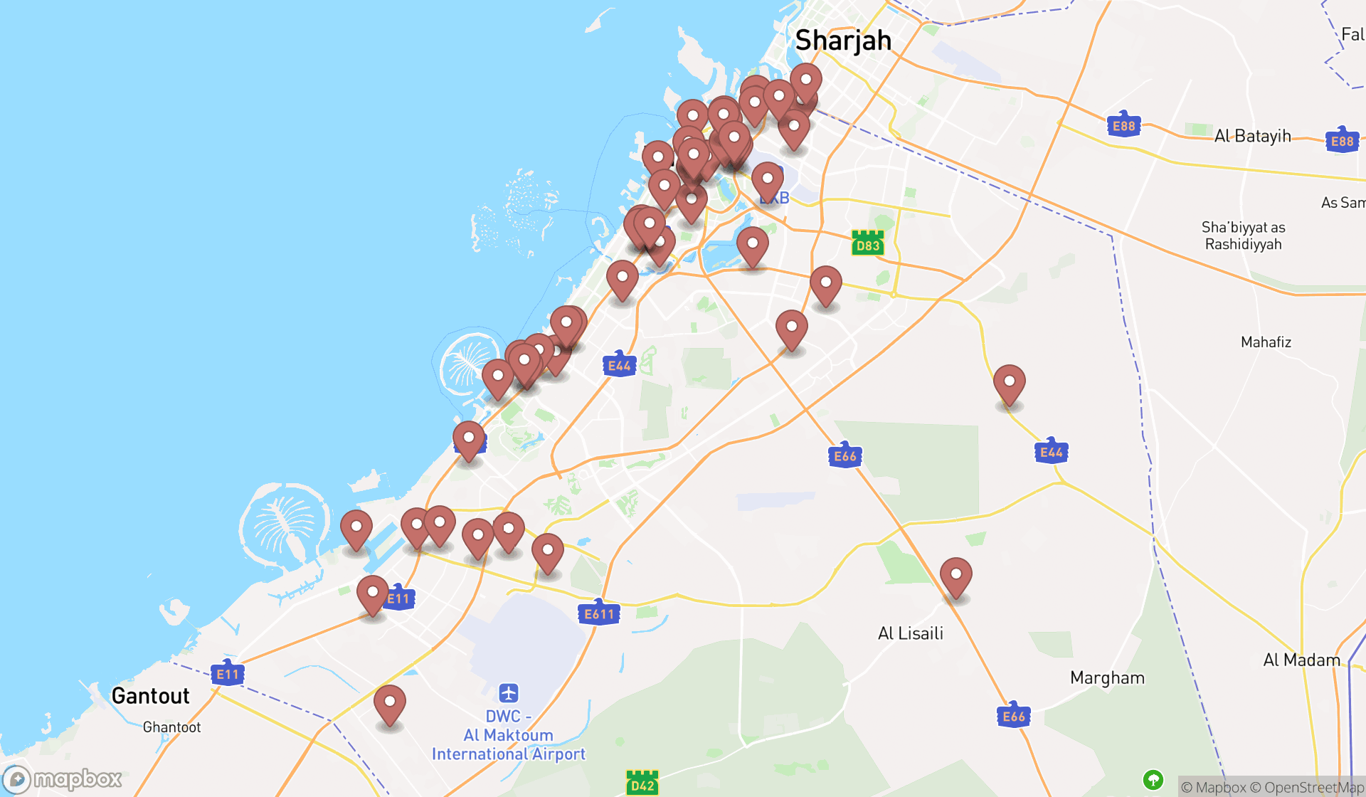 Map showing the search results in Dubai