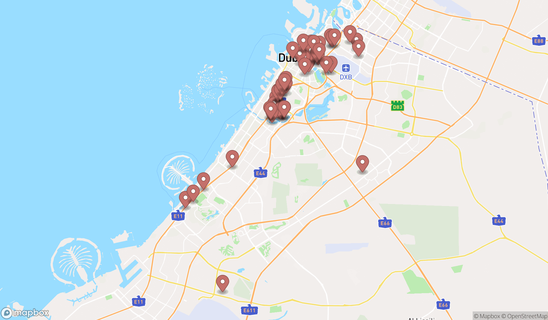 Map showing the search results in Dubai
