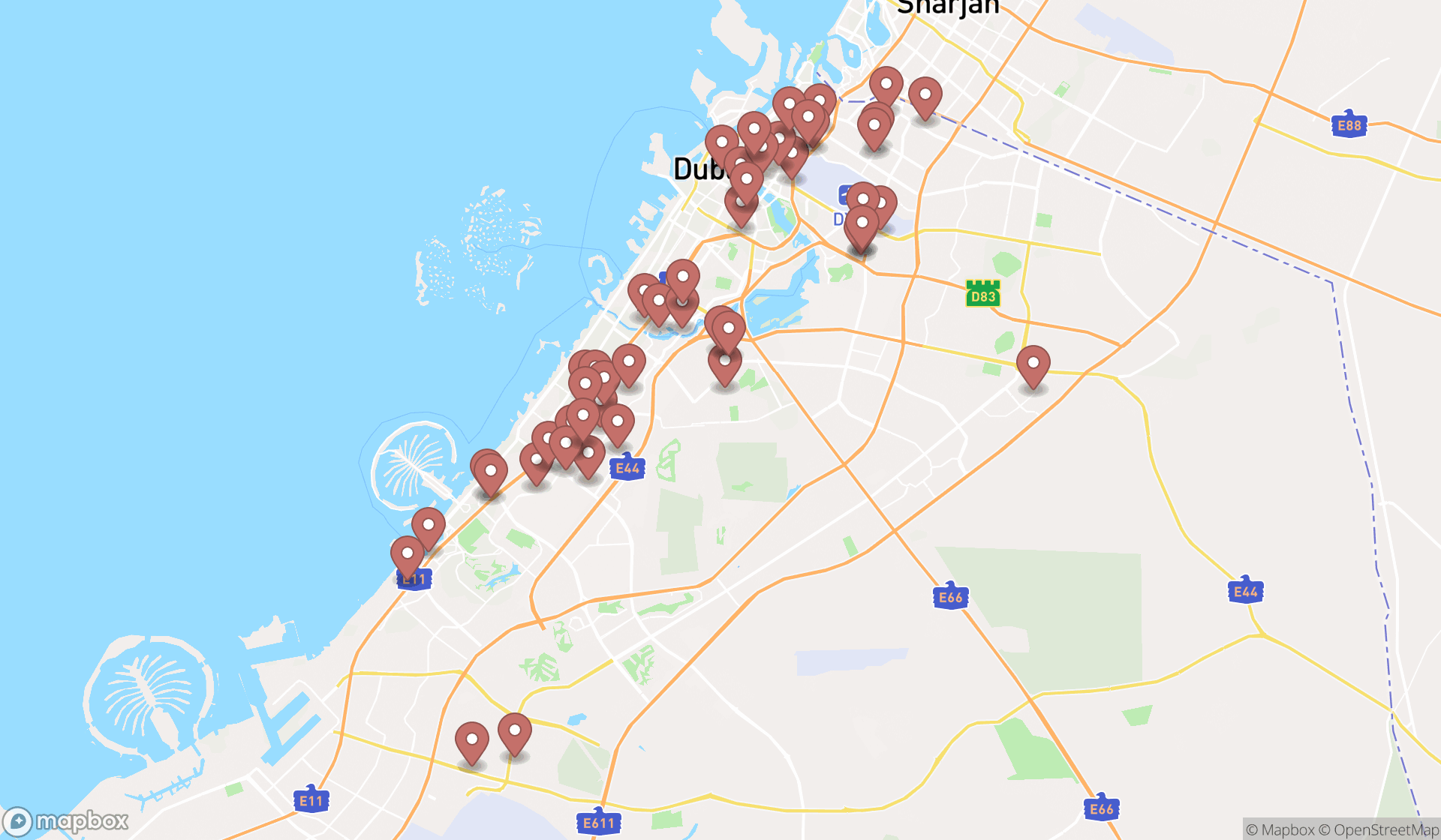 Map showing the search results in Dubai