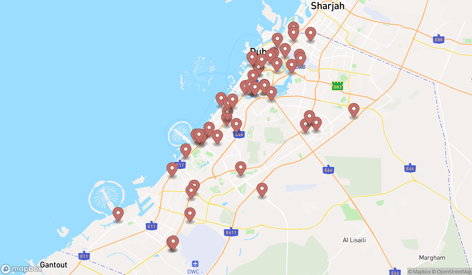 Map showing the search results in Dubai