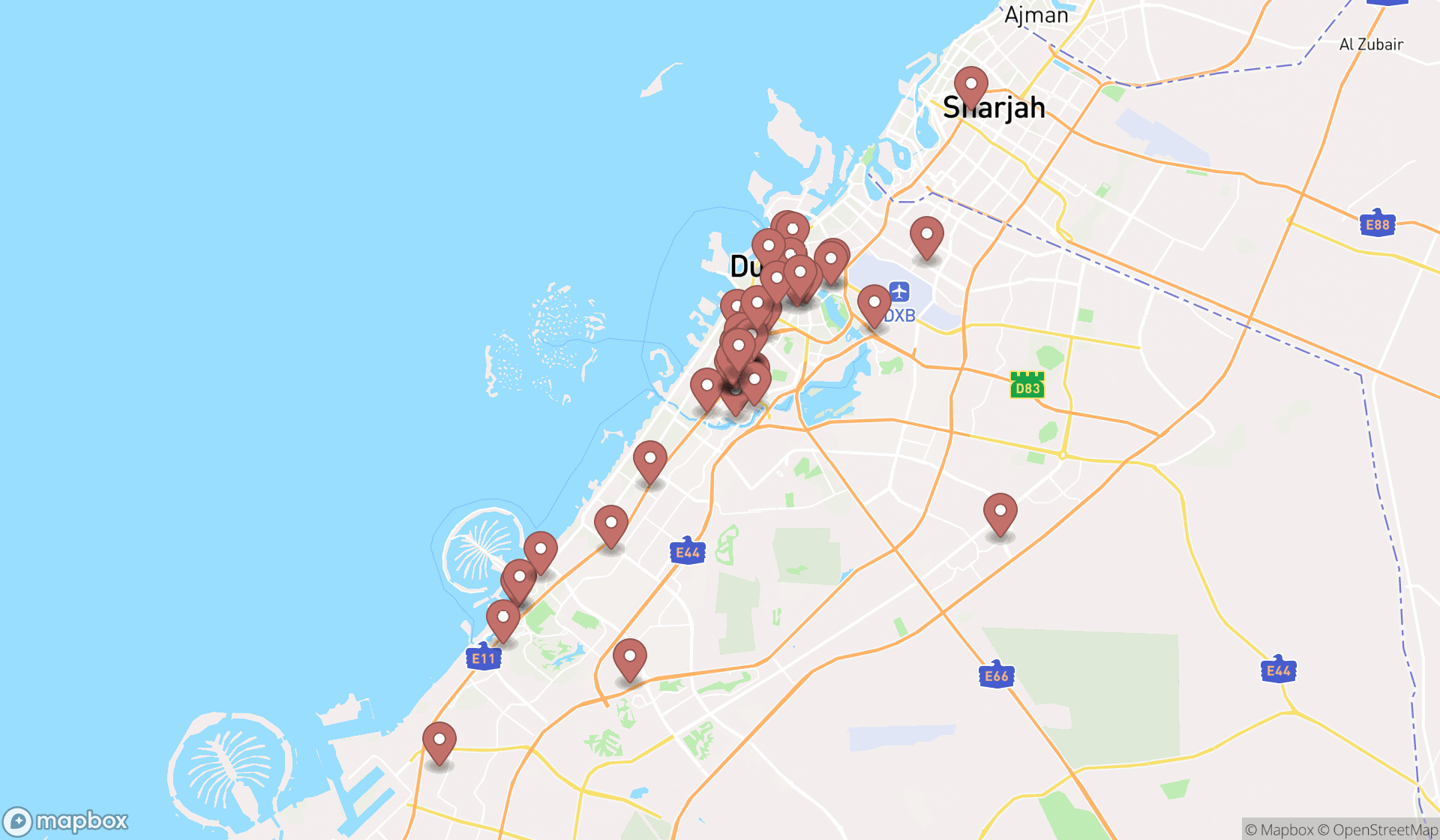 Map showing the search results in Dubai