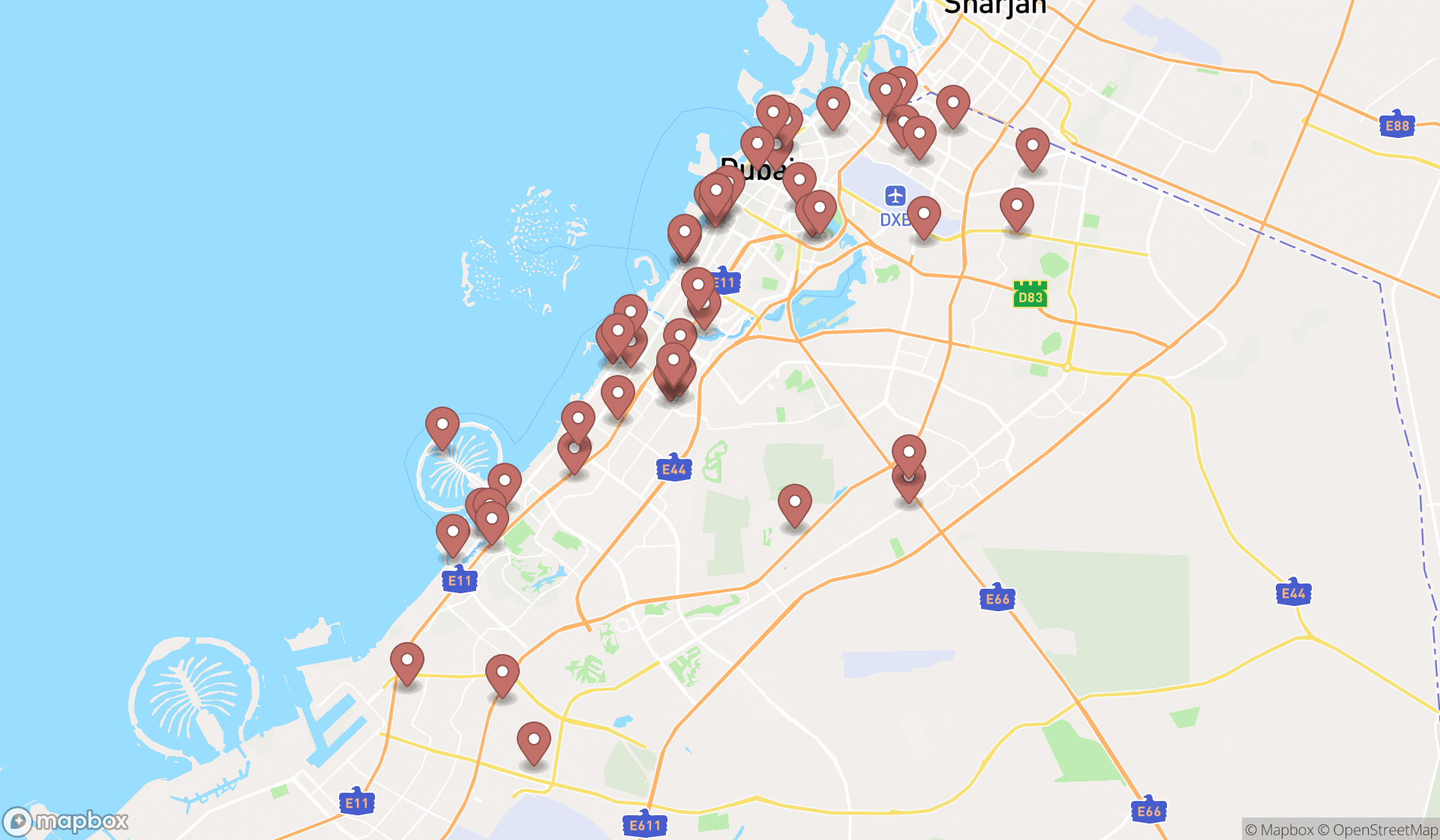 Map showing the search results in Dubai