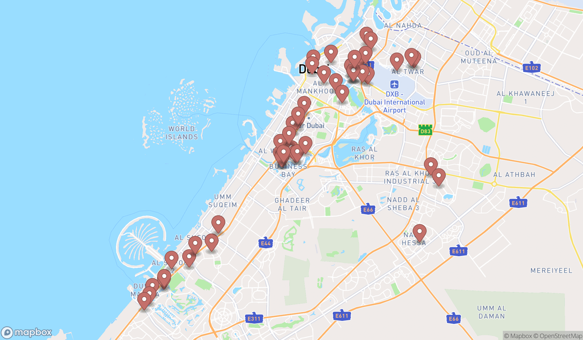 Map showing the search results in Dubai