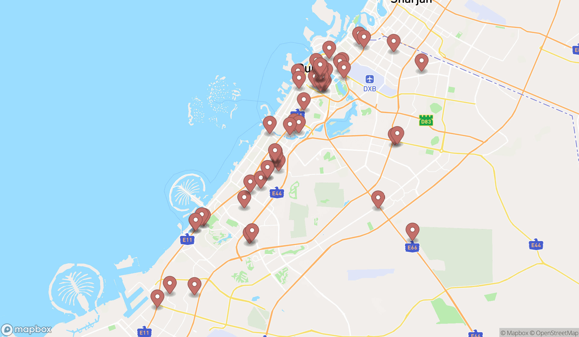 Map showing the search results in Dubai