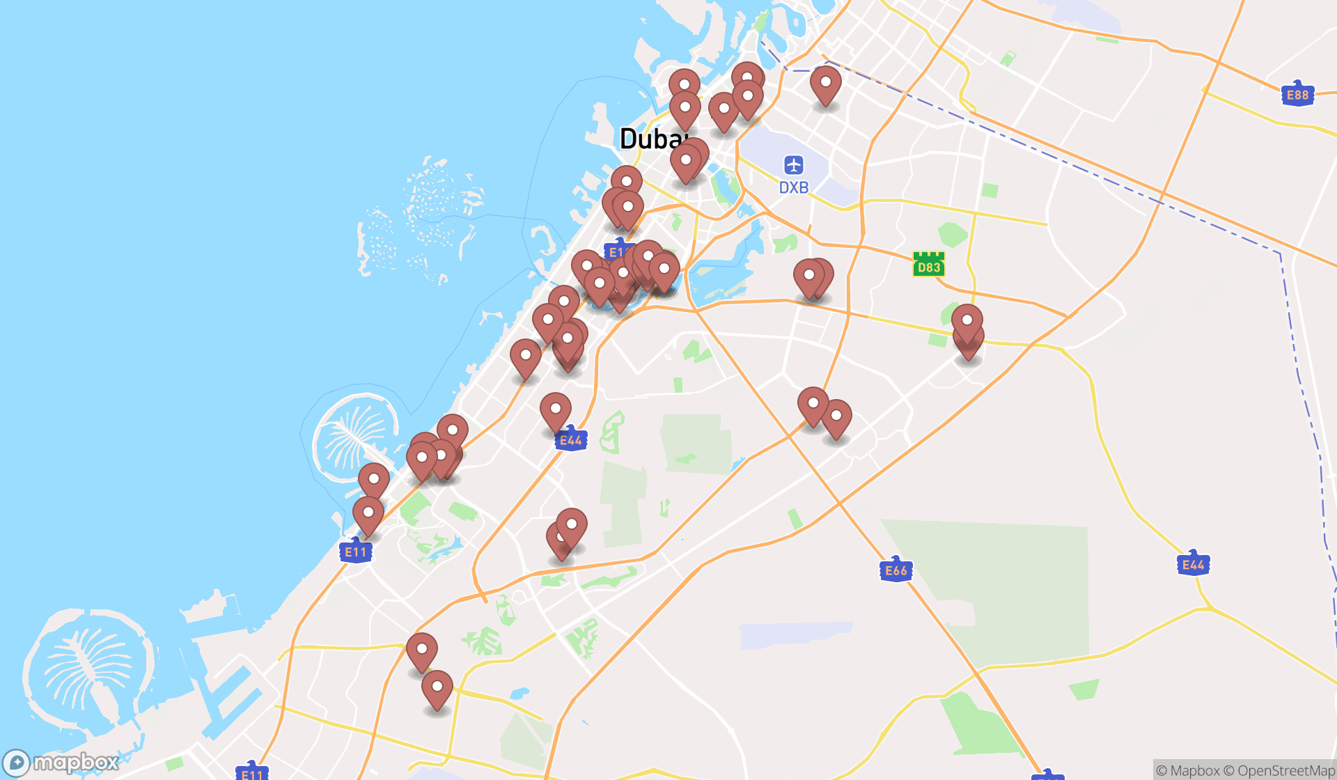 Map showing the search results in Dubai