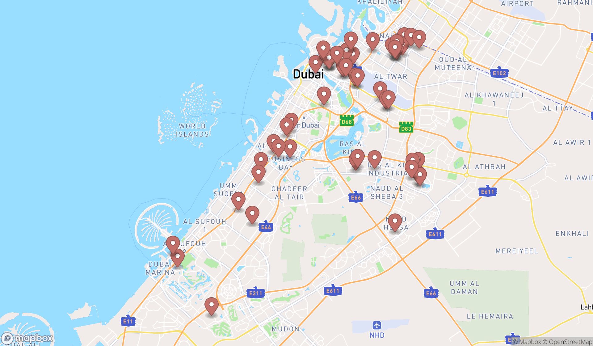 Map showing the search results in Dubai