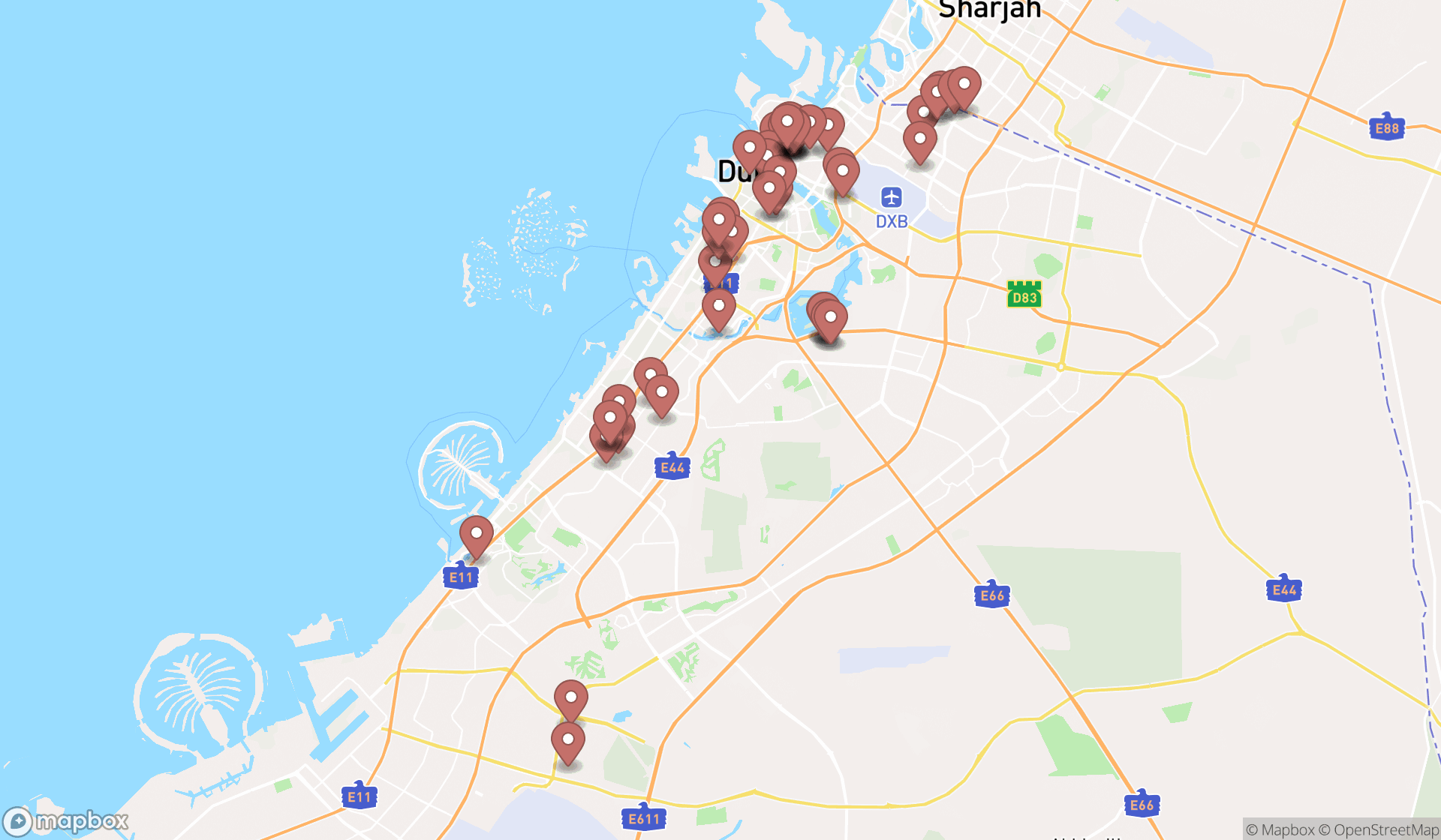 Map showing the search results in Dubai