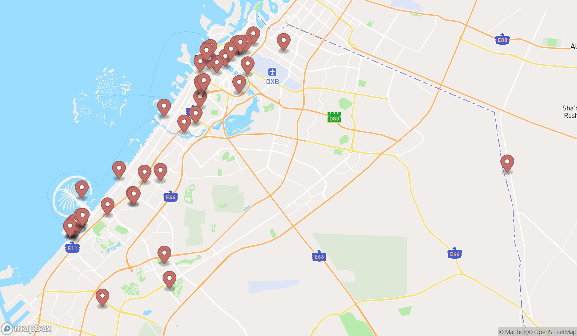 Map showing the search results in Dubai
