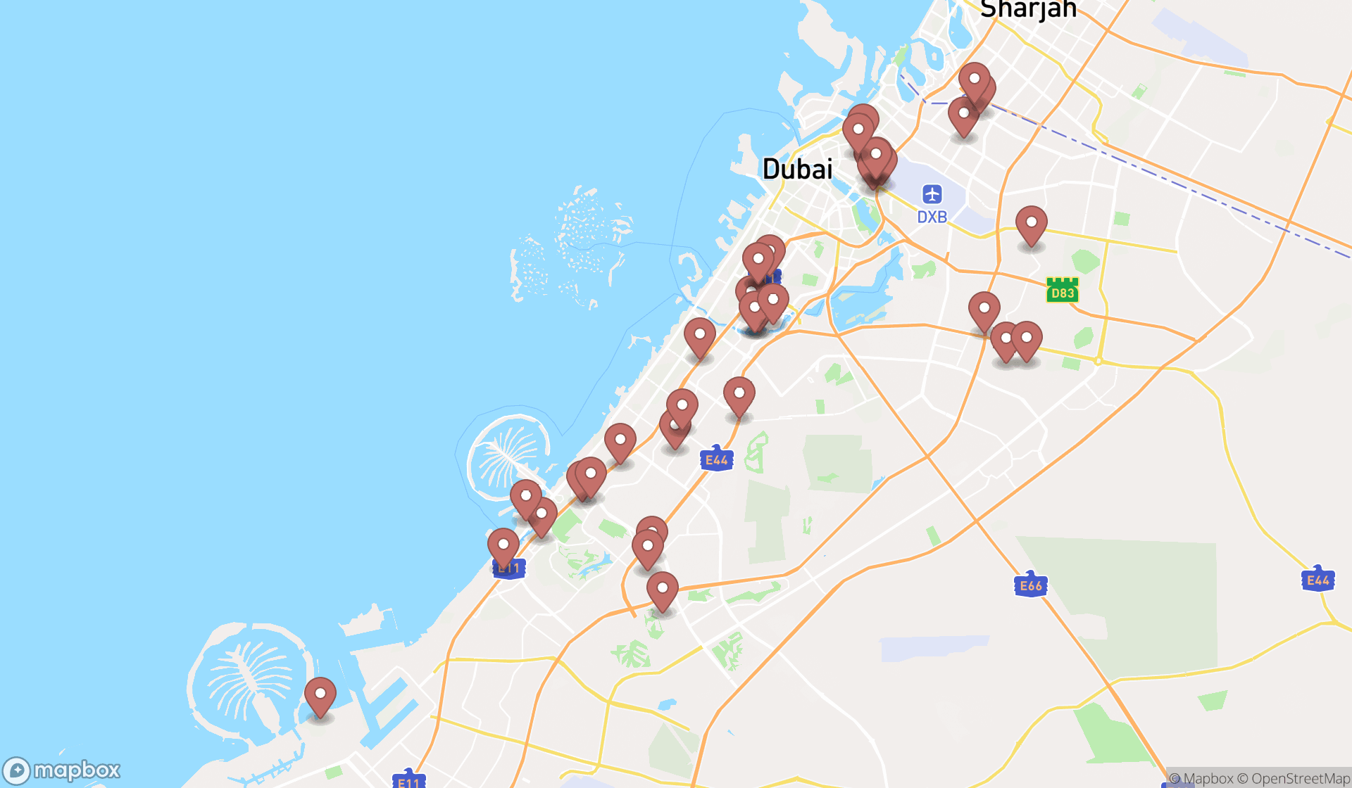 Map showing the search results in Dubai