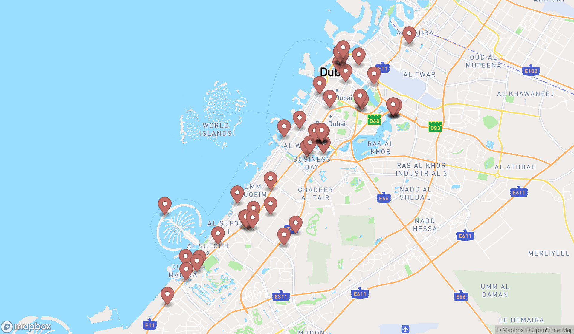 Map showing the search results in Dubai
