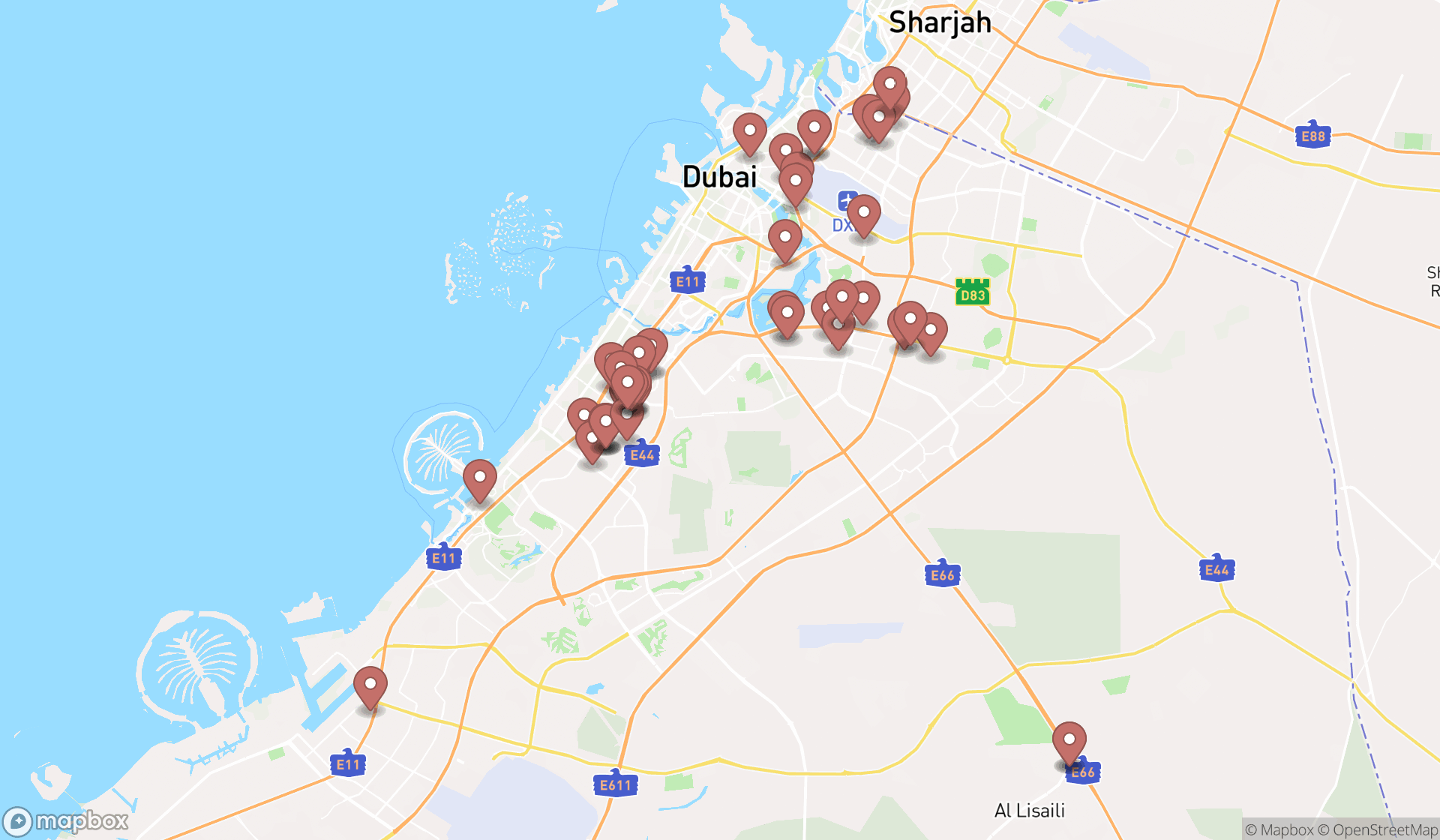 Map showing the search results in Dubai