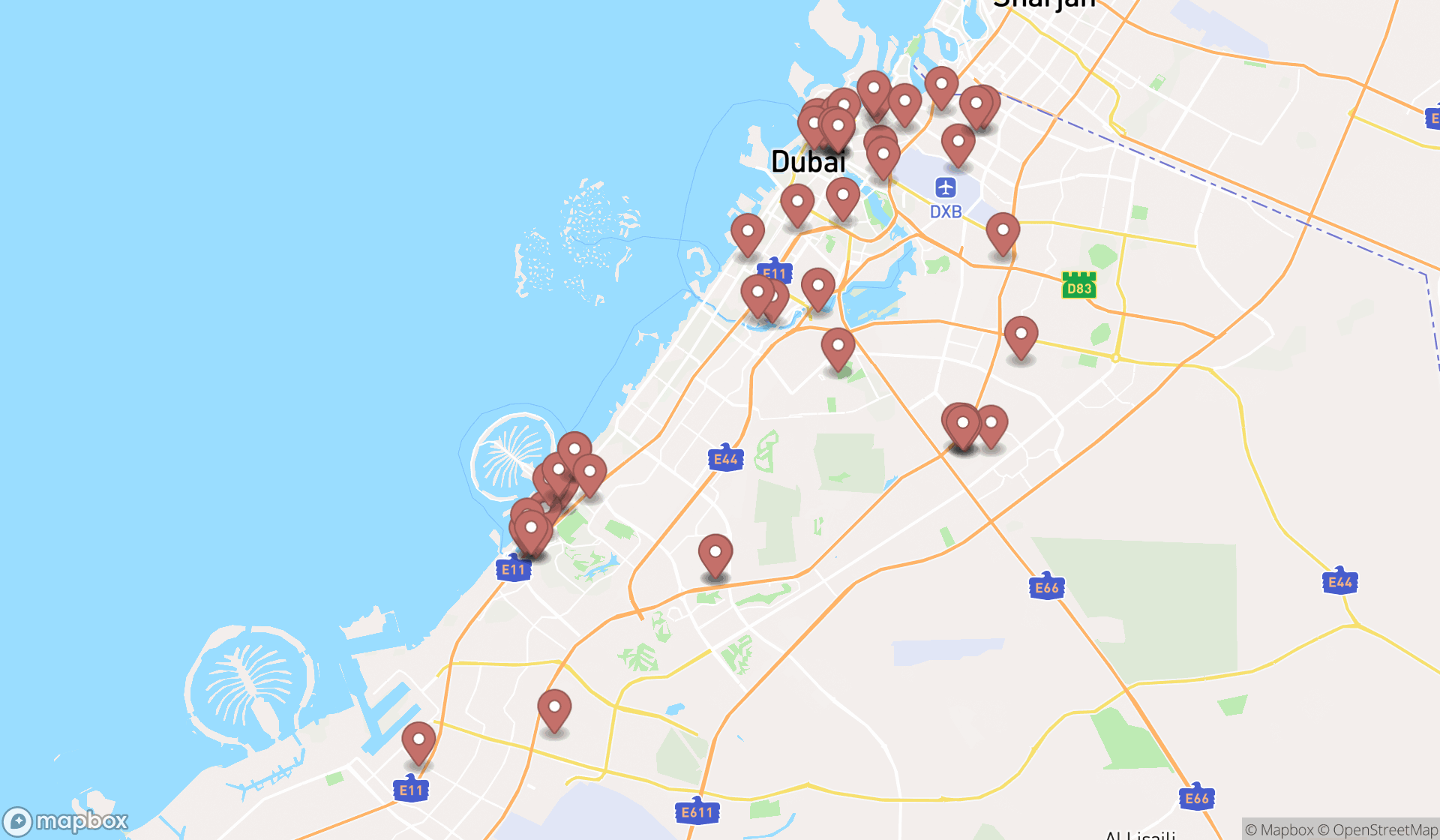 Map showing the search results in Dubai