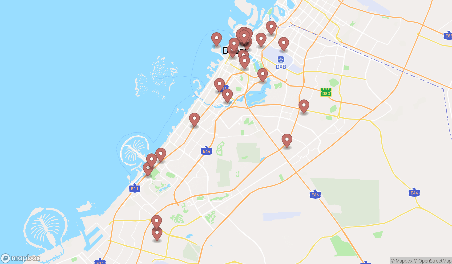Map showing the search results in Dubai