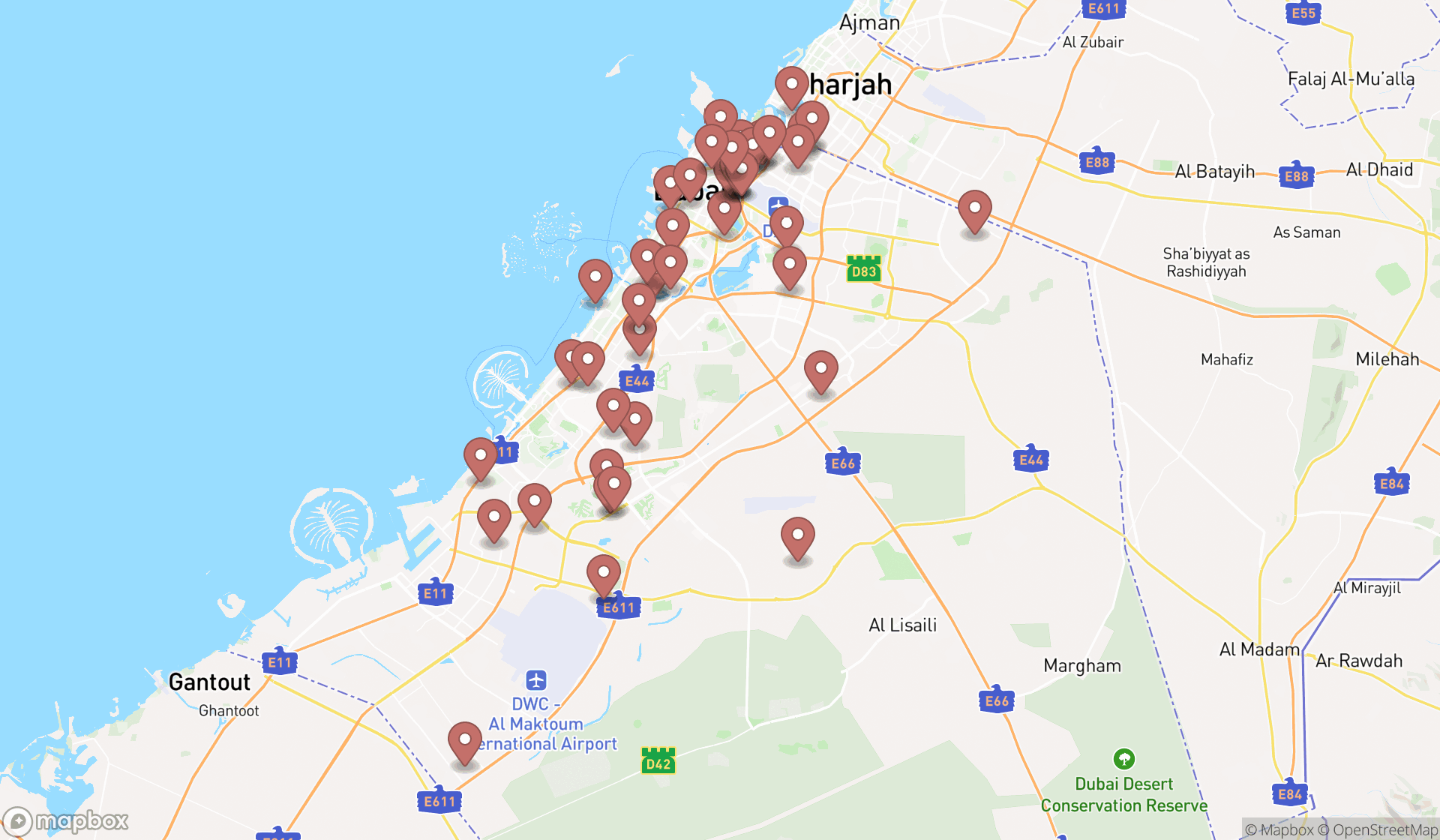 Map showing the search results in Dubai