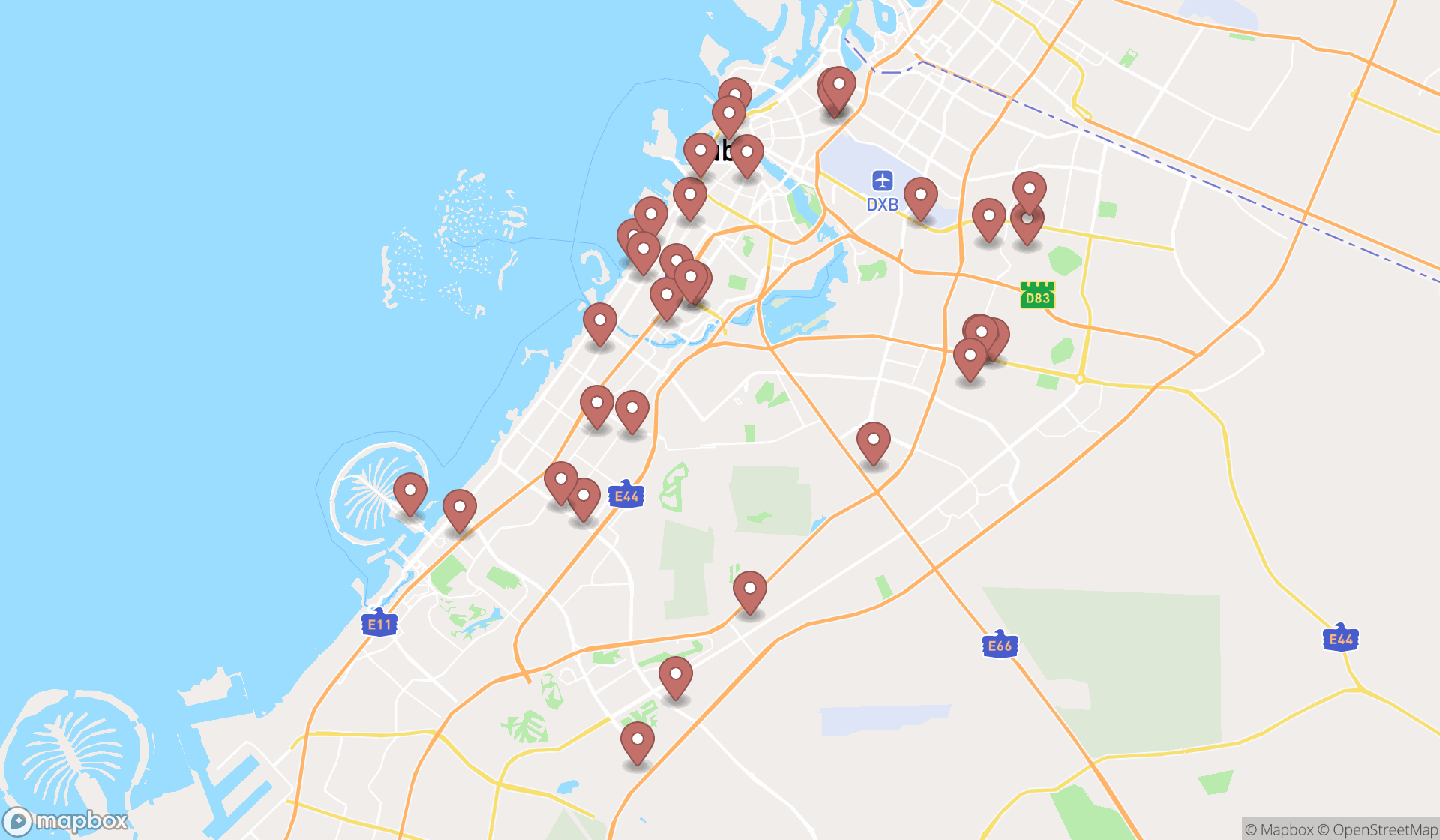 Map showing the search results in Dubai