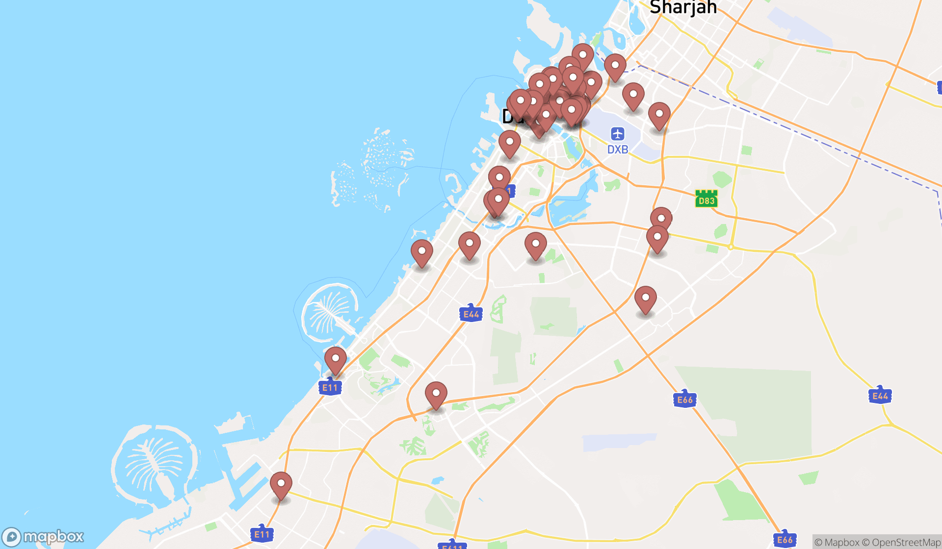 Map showing the search results in Dubai