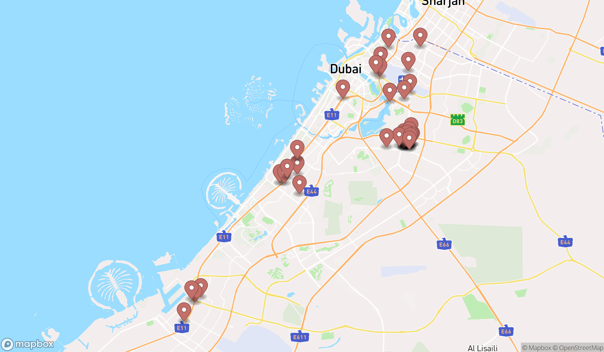 Map showing the search results in Dubai