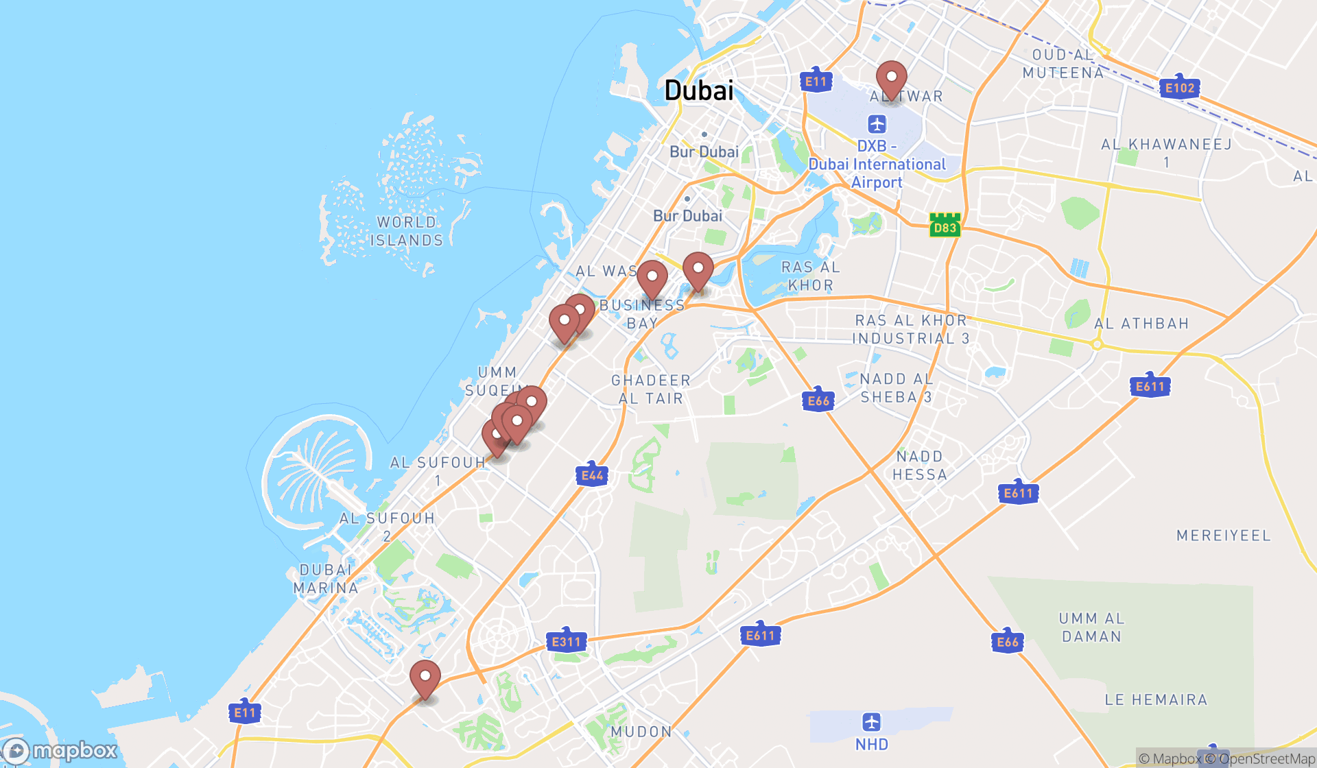 Map showing the search results in Dubai