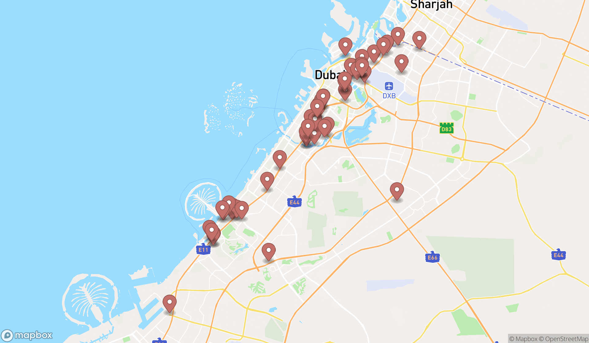 Map showing the search results in Dubai