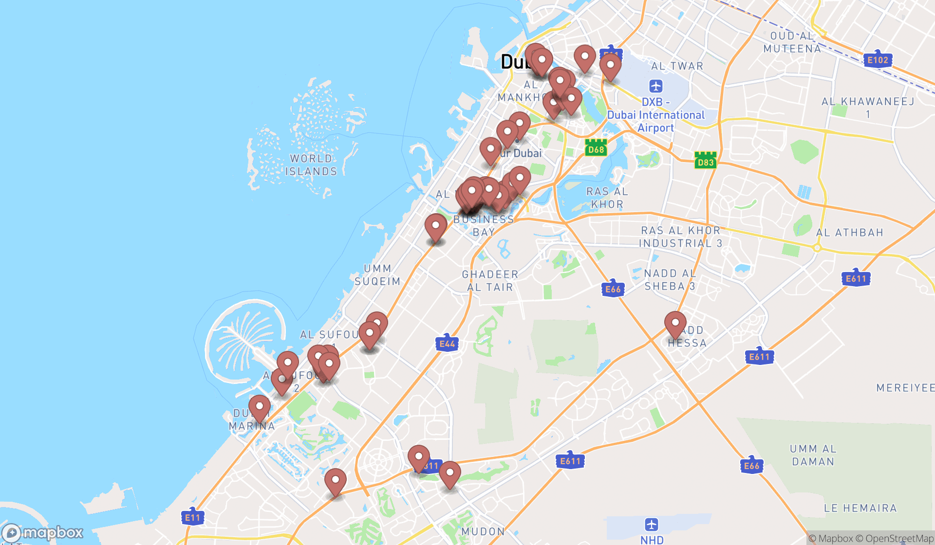 Map showing the search results in Dubai