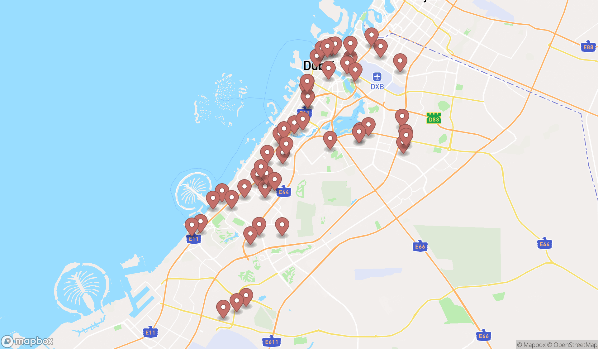 Map showing the search results in Dubai