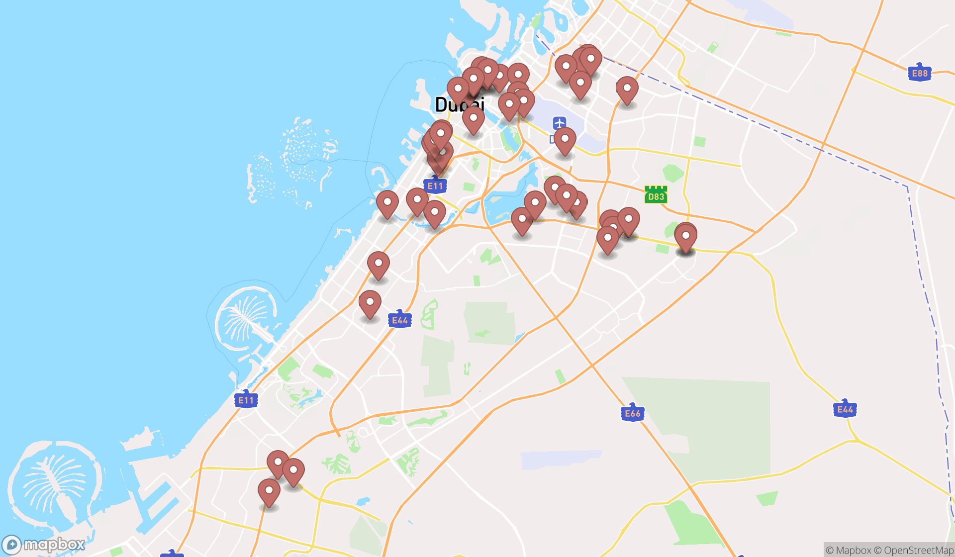 Map showing the search results in Dubai