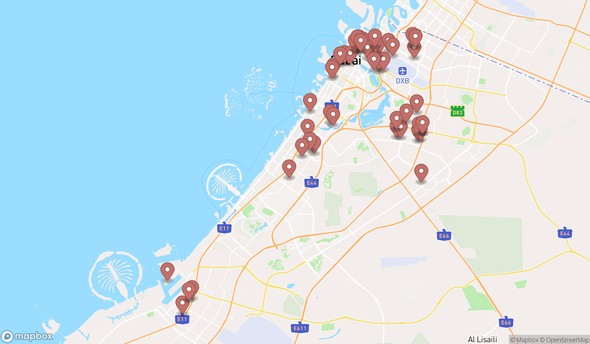 Map showing the search results in Dubai