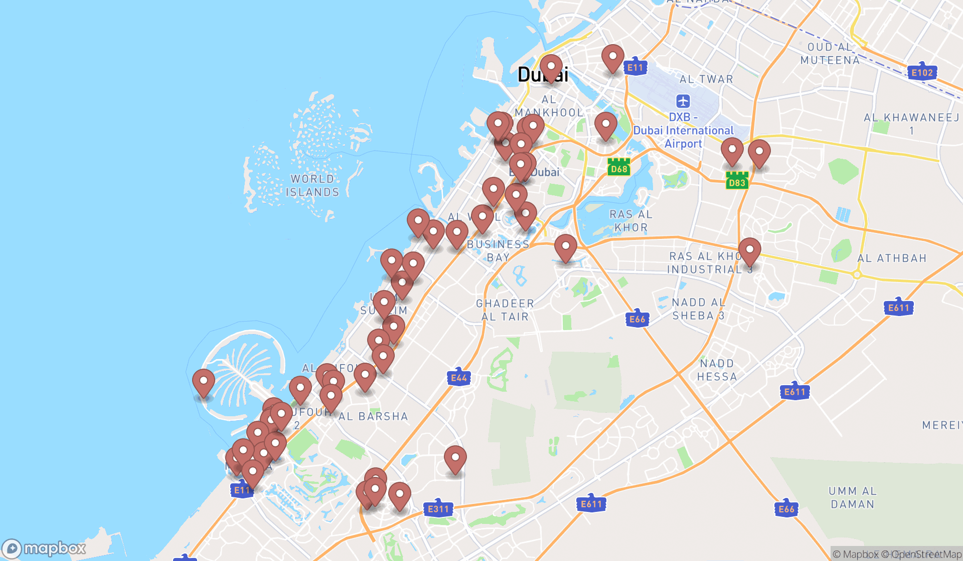 Map showing the search results in Dubai