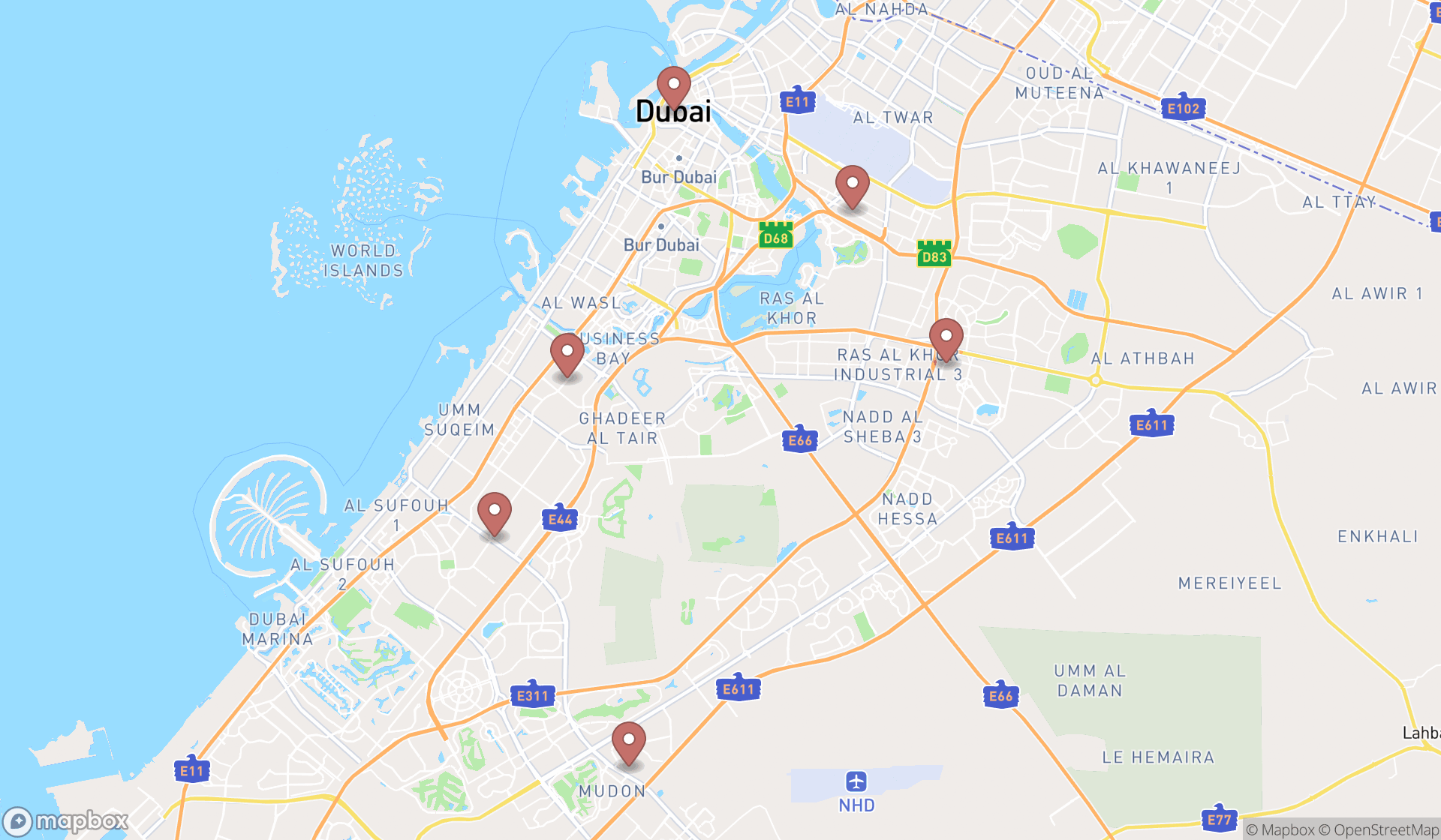 Map showing the search results in Dubai