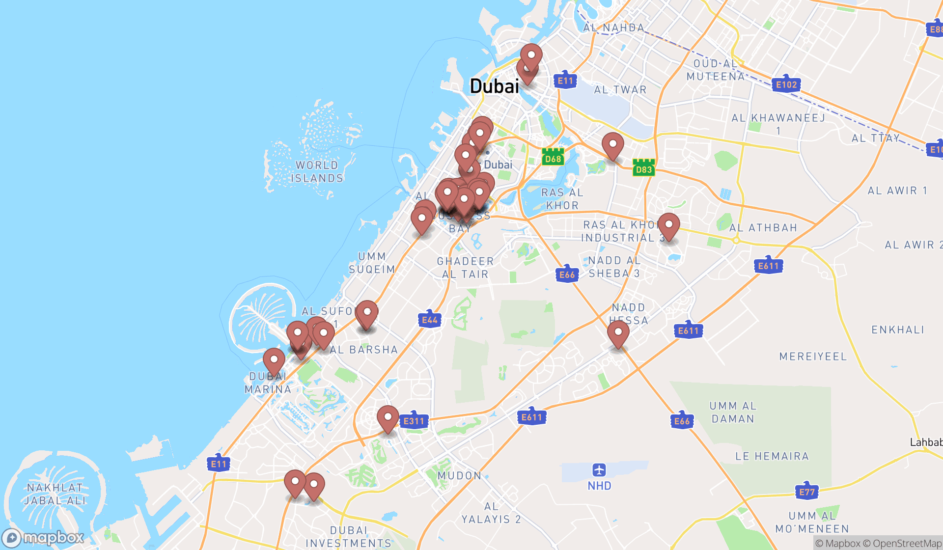 Map showing the search results in Dubai
