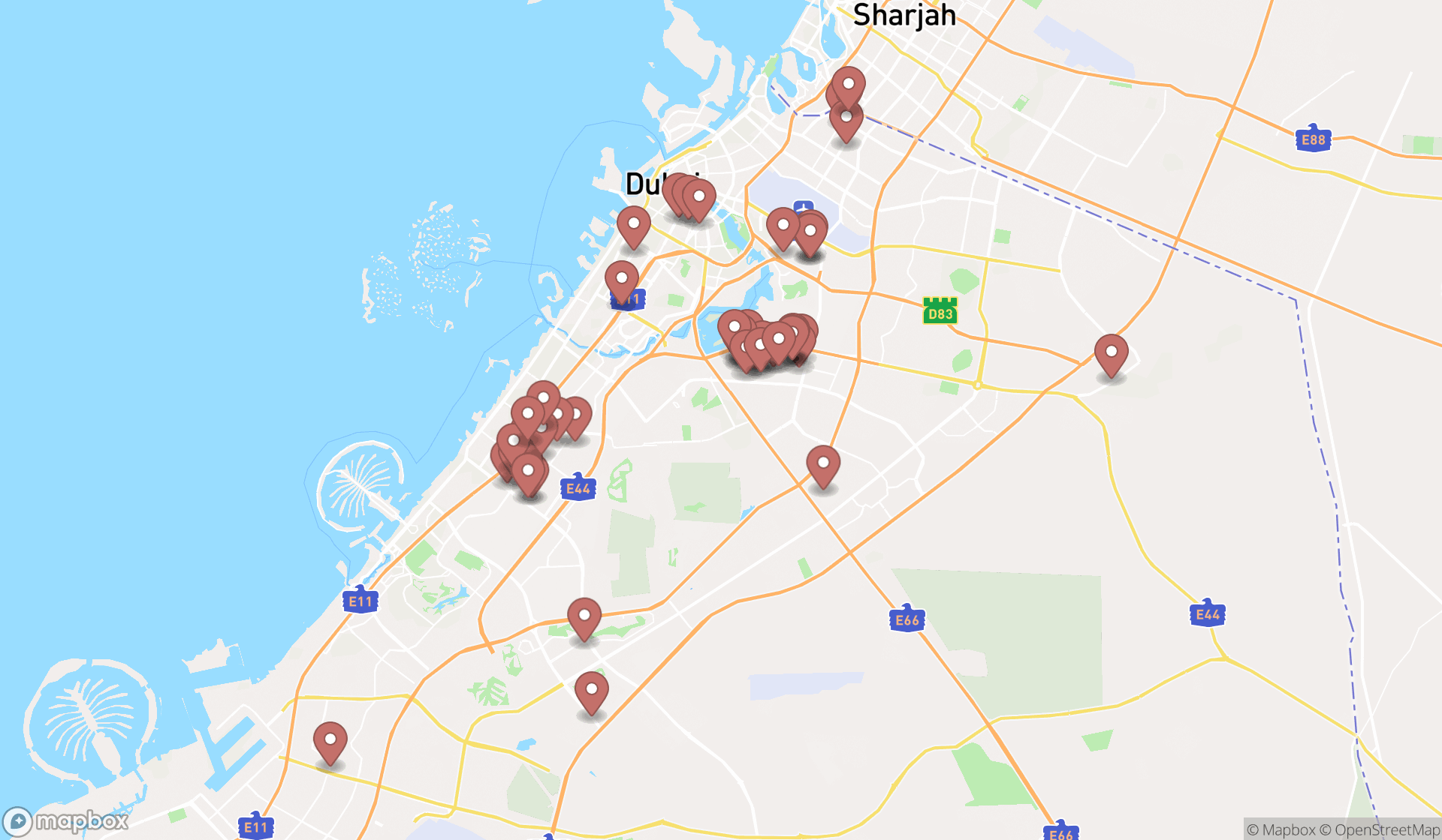 Map showing the search results in Dubai