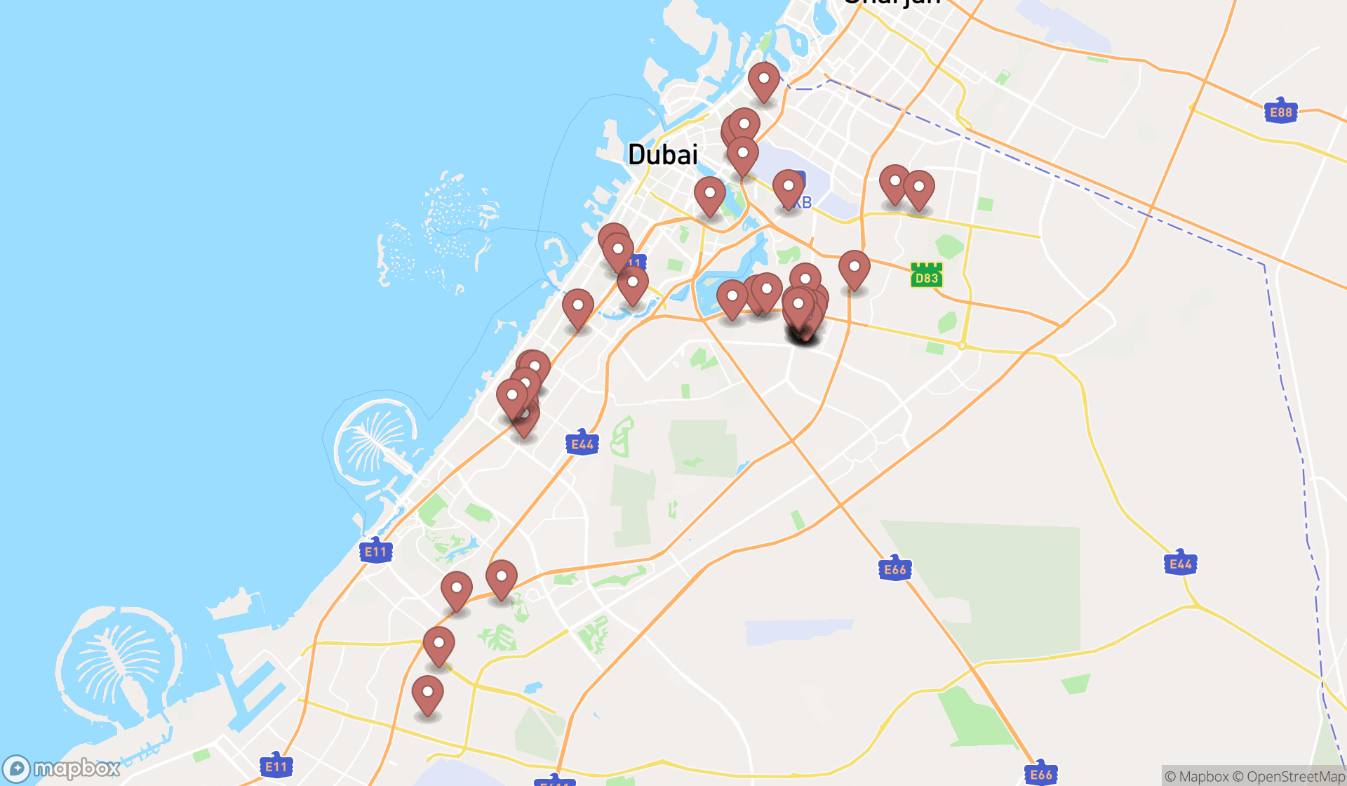 Map showing the search results in Dubai