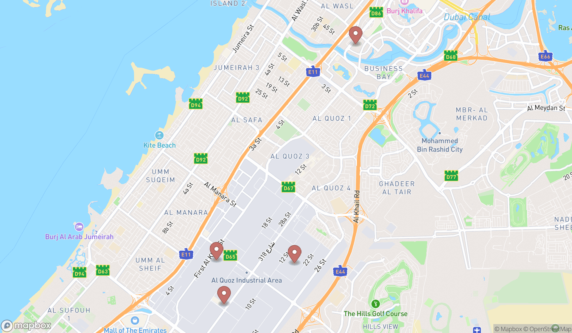 Map showing the search results in Dubai