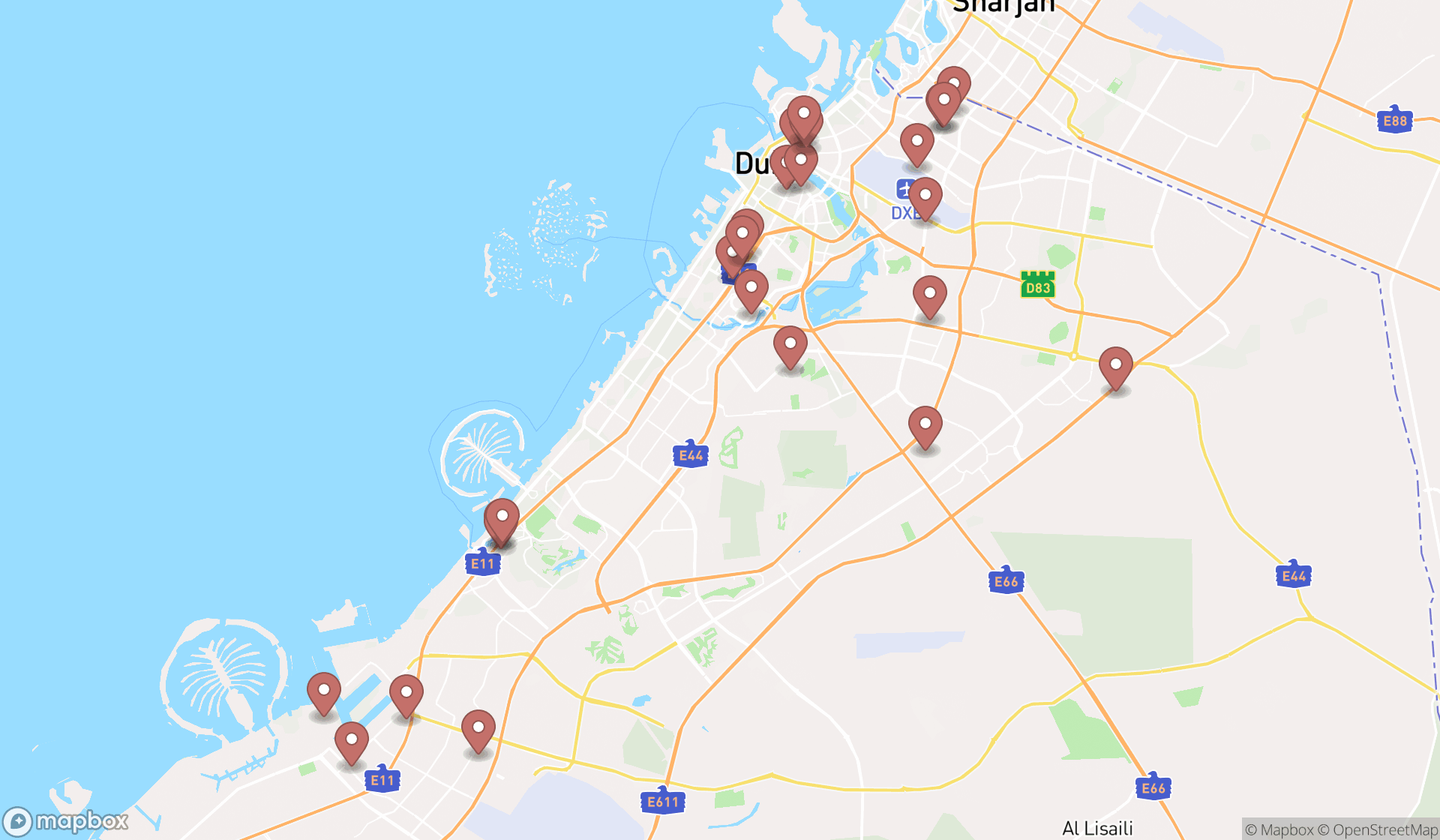 Map showing the search results in Dubai