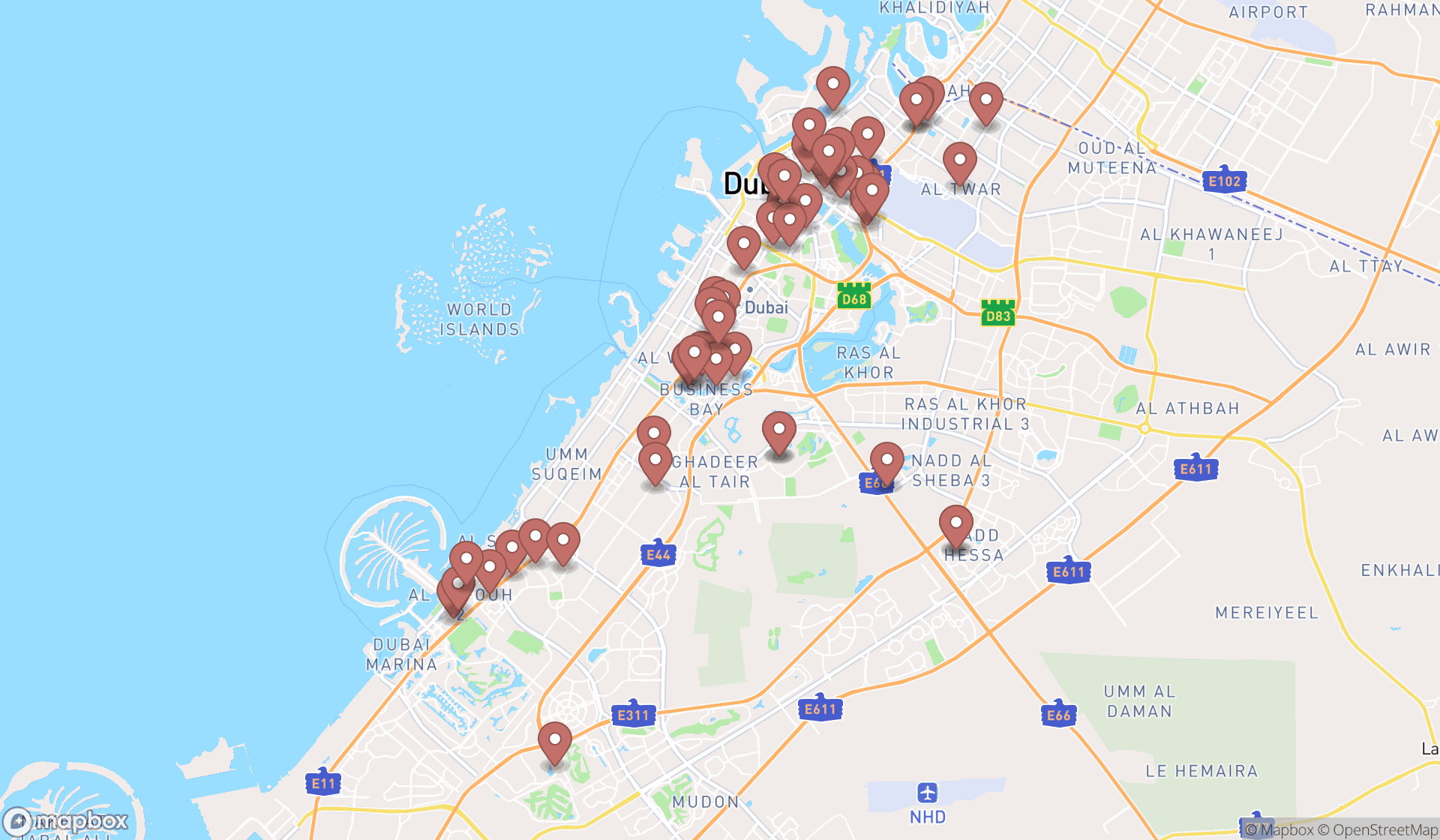 Map showing the search results in Dubai