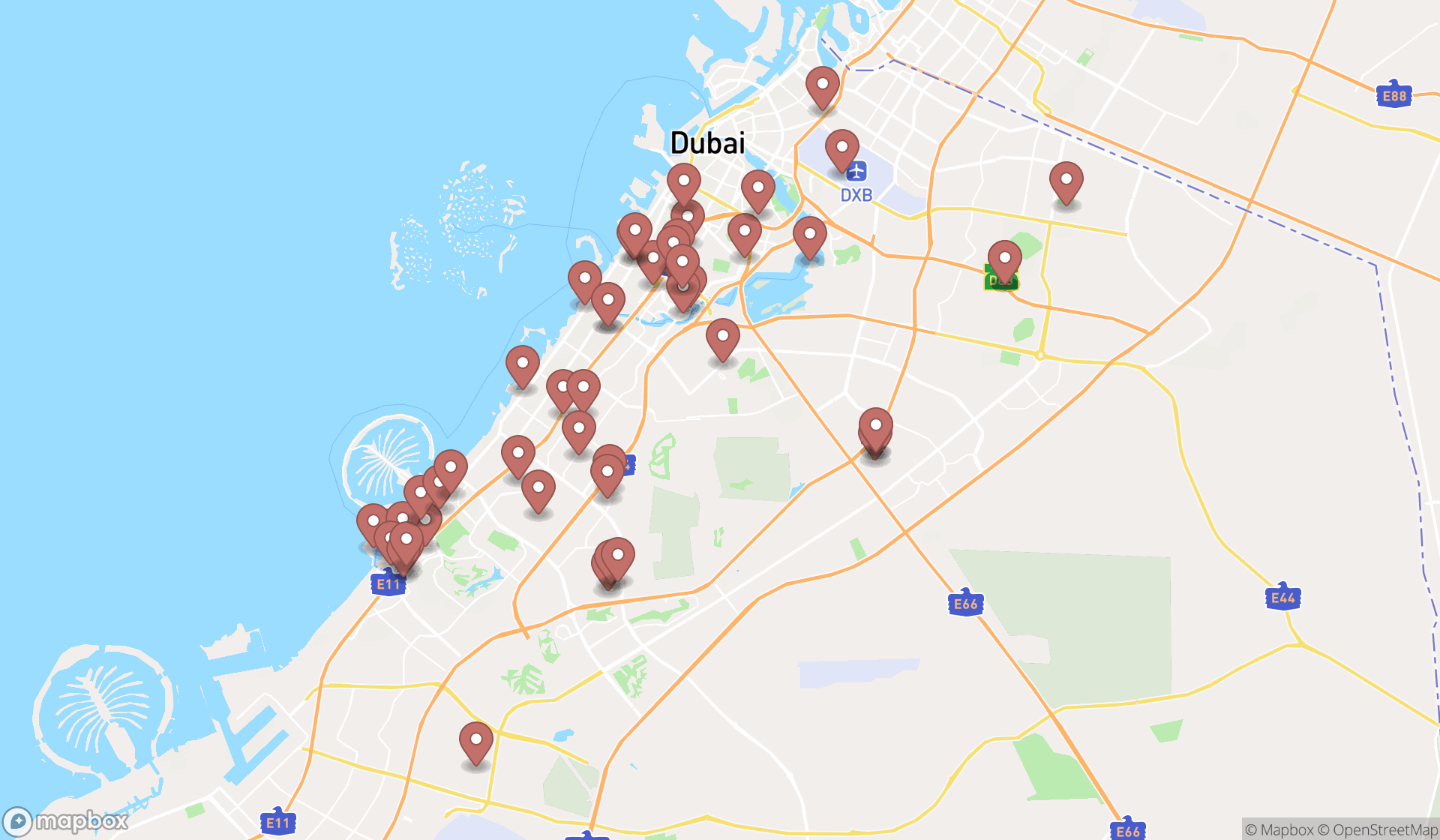 Map showing the search results in Dubai
