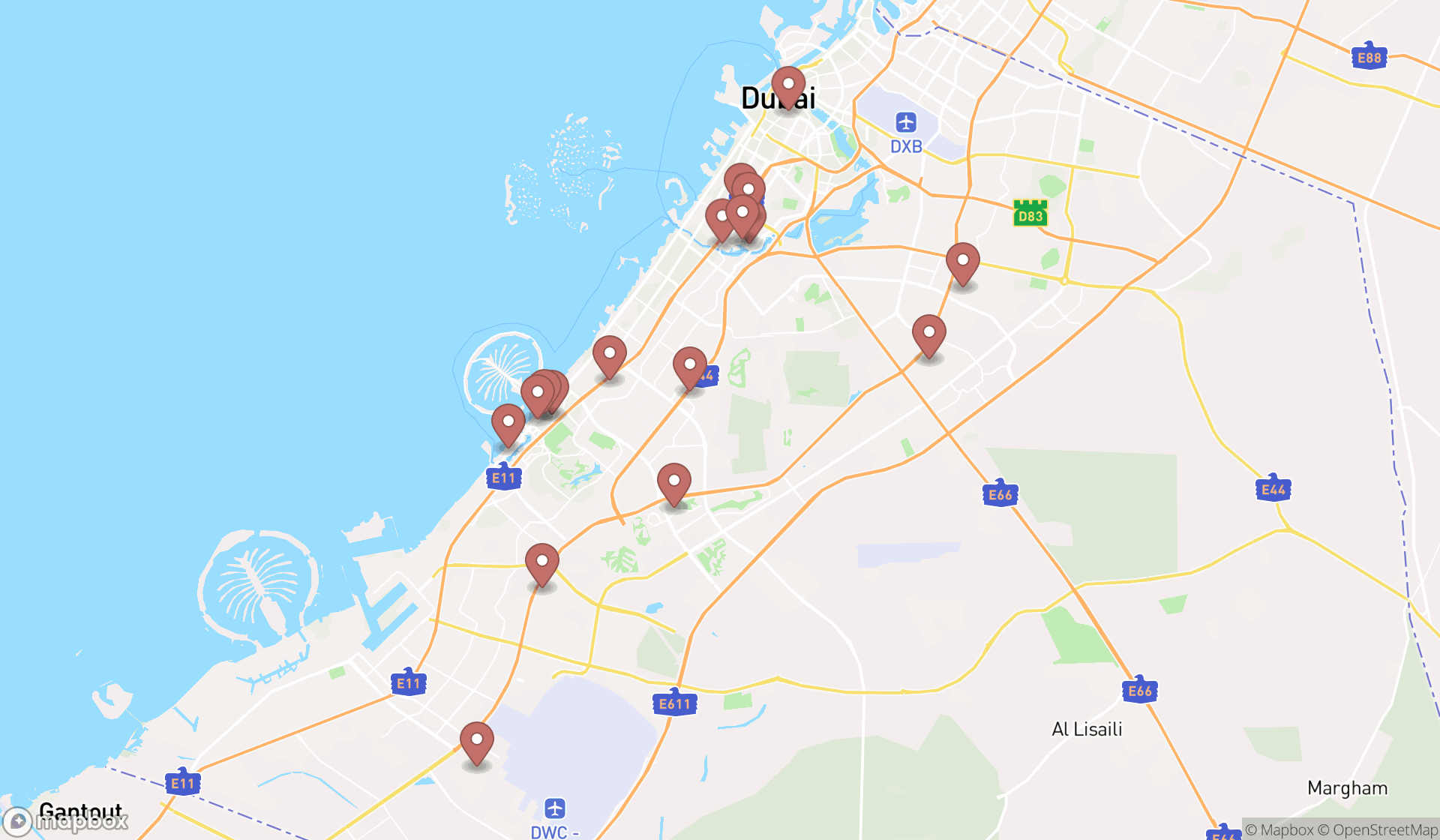 Map showing the search results in Dubai