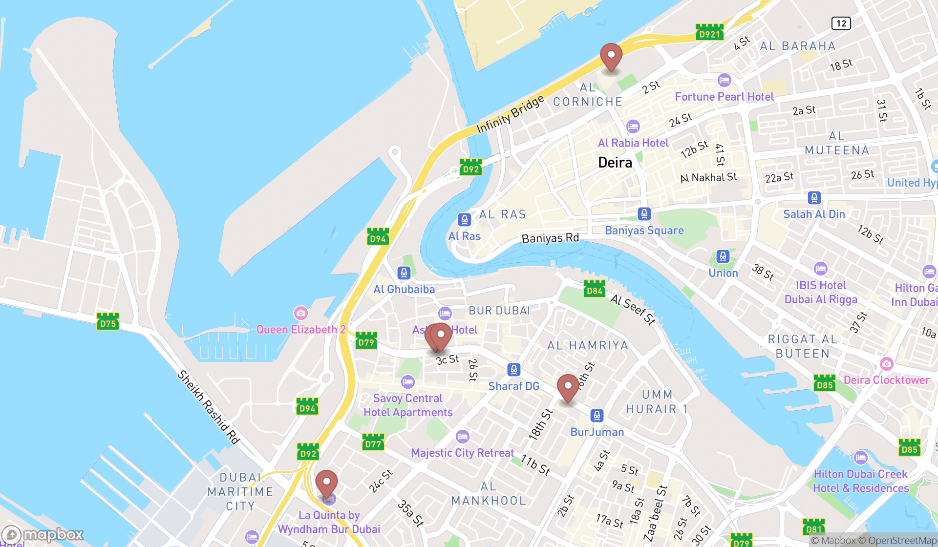 Map showing the search results in Dubai