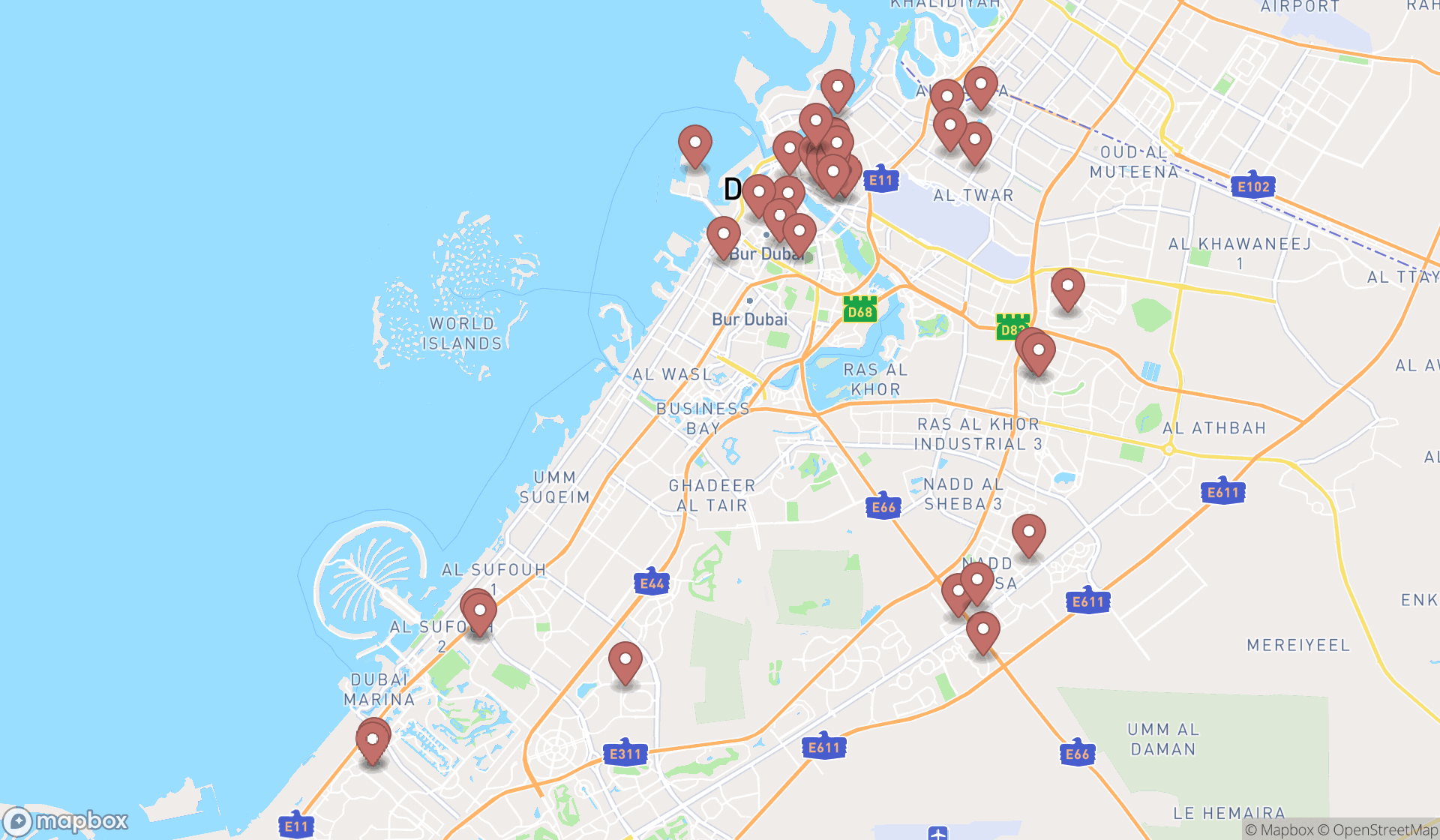 Map showing the search results in Dubai
