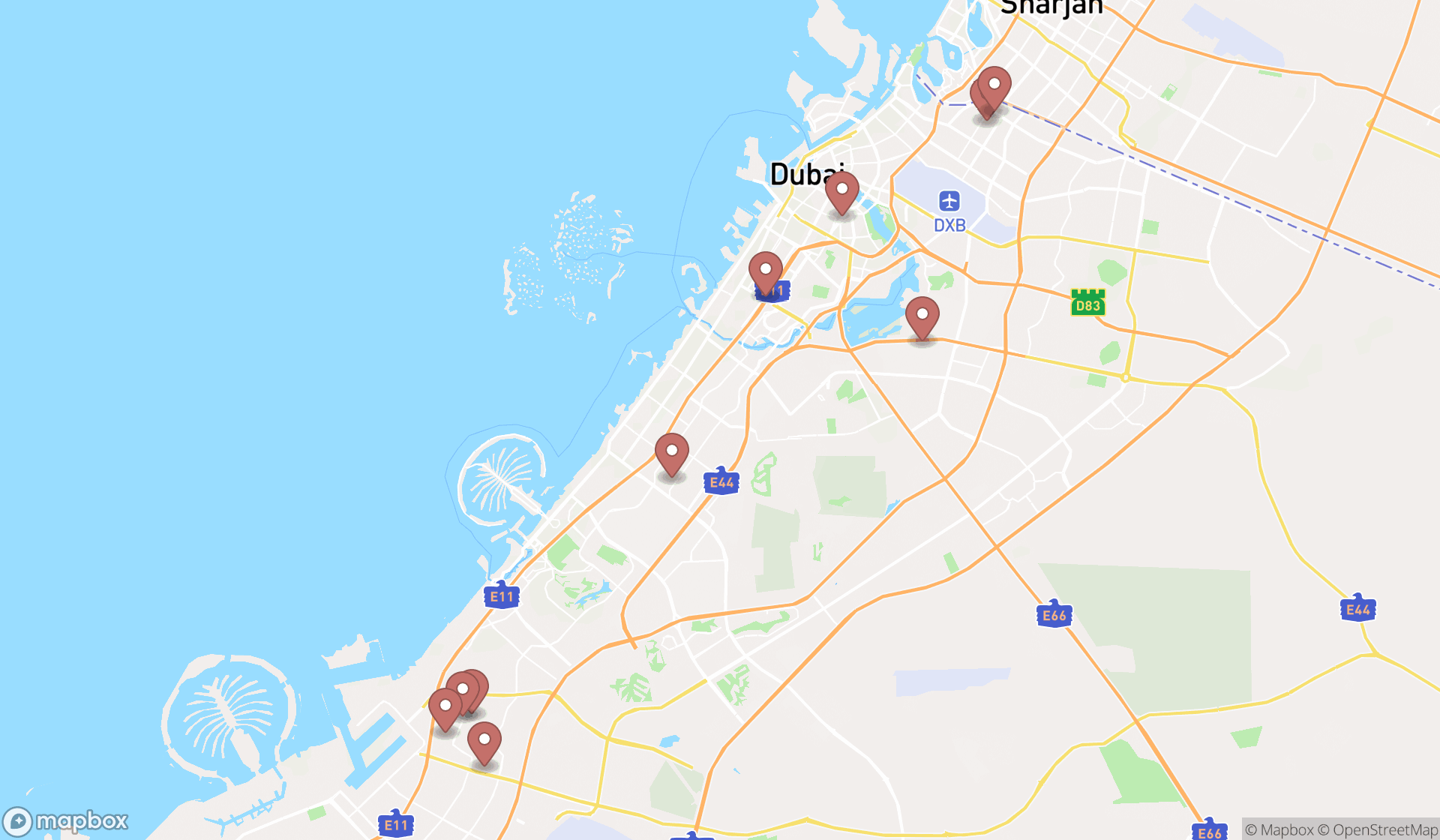Map showing the search results in Dubai