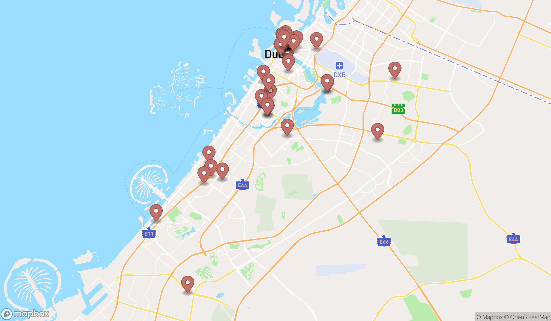 Map showing the search results in Dubai
