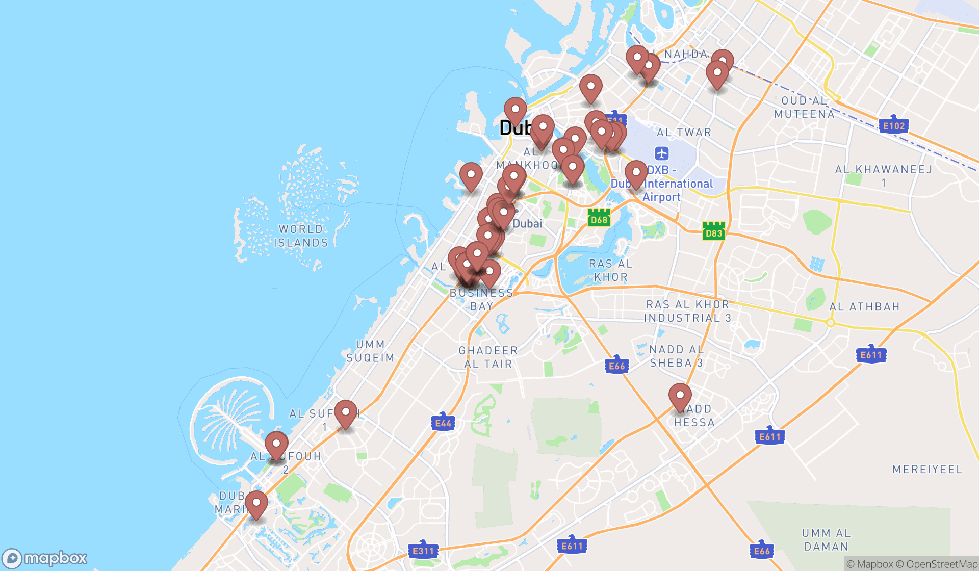 Map showing the search results in Dubai