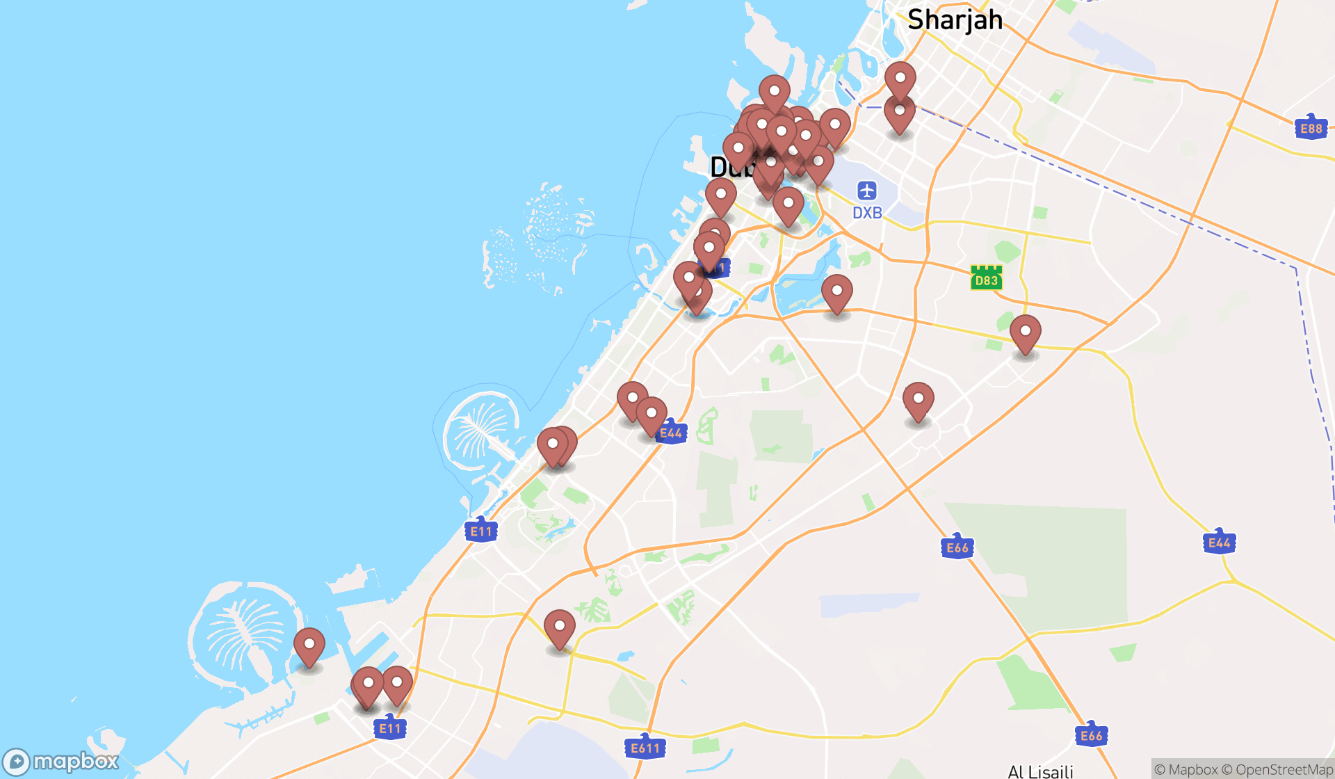 Map showing the search results in Dubai